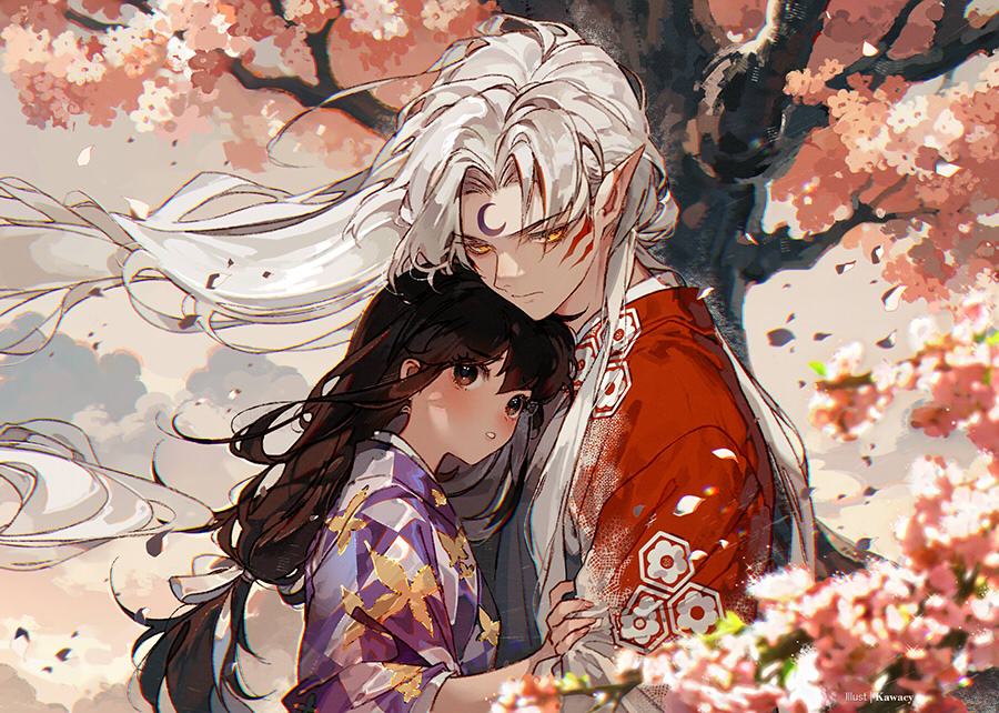 1boy 1girl black_hair blush brown_eyes cherry_blossoms closed_mouth clouds cloudy_sky facial_tattoo falling_petals floating_hair glowing glowing_eyes hair_tie han'you_no_yashahime hand_on_another's_arm hetero hug inuyasha japanese_clothes kawacy kimono long_hair looking_at_another looking_to_the_side parted_bangs parted_lips petals pointy_ears purple_kimono red_kimono rin_(inuyasha) sesshoumaru sidelocks sky tattoo teeth tree upper_teeth_only white_hair wind yellow_eyes