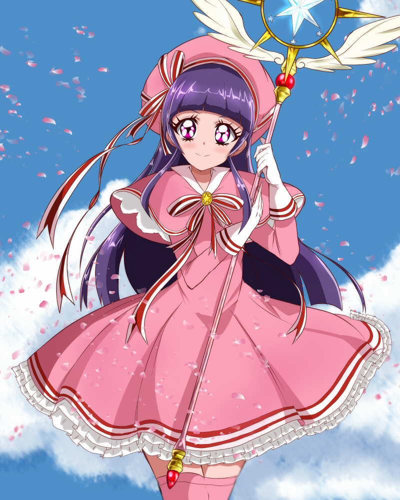 1girl beret blue_sky blunt_bangs capelet cardcaptor_sakura cherry_blossoms closed_mouth clouds cloudy_sky commentary cosplay cowboy_shot day dress frilled_dress frills gloves haru_(nature_life) hat holding holding_staff hoshi_no_tsue izayoi_liko kinomoto_sakura kinomoto_sakura_(cosplay) long_hair long_sleeves looking_at_viewer magical_girl mahou_girls_precure! medium_dress outdoors petals pink_capelet pink_dress pink_hat pink_thighhighs precure purple_hair sky smile solo staff standing thigh-highs violet_eyes white_gloves