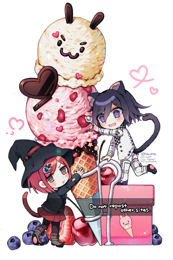 1boy 1girl animal_ear_fluff animal_ears arm_belt artist_name bad_id bad_twitter_id belt belt_buckle black_hat black_jacket black_pantyhose black_scarf black_sleeves blazer blueberry boots brown_eyes brown_footwear buckle buttons cat_ears cat_tail checkered_clothes checkered_scarf cherry chibi colored_tips commentary_request cross-laced_jacket dalrye_v3 danganronpa_(series) danganronpa_v3:_killing_harmony english_text food fruit full_body gem_hair_ornament hair_between_eyes hand_on_railing hat hat_belt heart heart_of_string holding holding_spoon hugging_object ice_cream ice_cream_cone jacket kemonomimi_mode korean_commentary light_blush long_sleeves looking_at_another looking_at_viewer miniskirt multicolored_hair multiple_belts oma_kokichi open_belt open_mouth oversized_food oversized_object pants pantyhose parted_lips paw_shoes pleated_skirt pointy_footwear purple_footwear purple_hair red_belt red_skirt redhead scarf short_hair simple_background skirt smile spoon standing standing_on_box strawberry strawberry_slice sweatdrop tail thigh_belt thigh_strap two-tone_scarf v-shaped_eyebrows violet_eyes white_background white_belt white_jacket white_pants white_scarf white_sleeves witch_hat yumeno_himiko