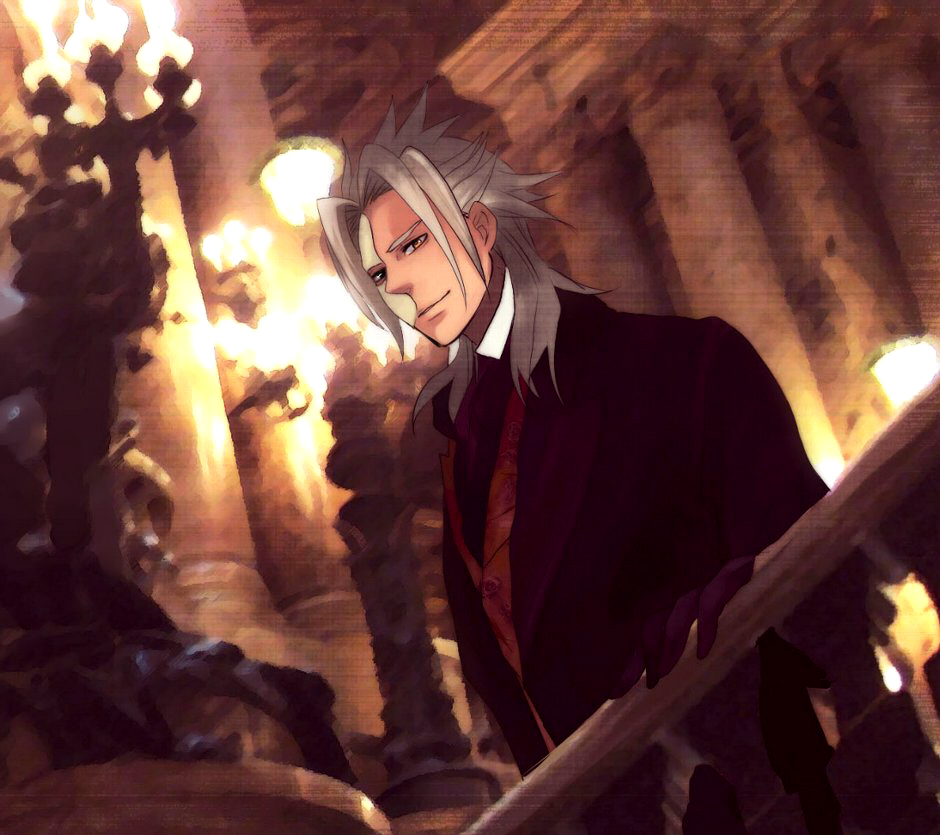 black_gloves black_suit blurry blurry_background candle candlestand column commentary_request cosplay dress_shirt dutch_angle erik_(phantom_of_the_opera) erik_(phantom_of_the_opera)_(cosplay) gloves grey_hair half_mask hand_on_railing hand_up high_collar indoors kingdom_hearts kingdom_hearts_ii light_smile long_hair looking_down mask minatoya_mozuku night parted_bangs phantom_of_the_opera photo_background pillar red_vest shirt spiky_hair standing suit vest white_shirt xemnas yellow_eyes