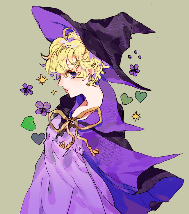 1girl black_cape blonde_hair cape cowboy_shot dress green_background hat heart kannawataame looking_at_viewer profile purple_cape purple_dress short_hair simple_background solo sparkle sugar_sugar_rune two-tone_cape vanilla_mieux violet_eyes witch_hat