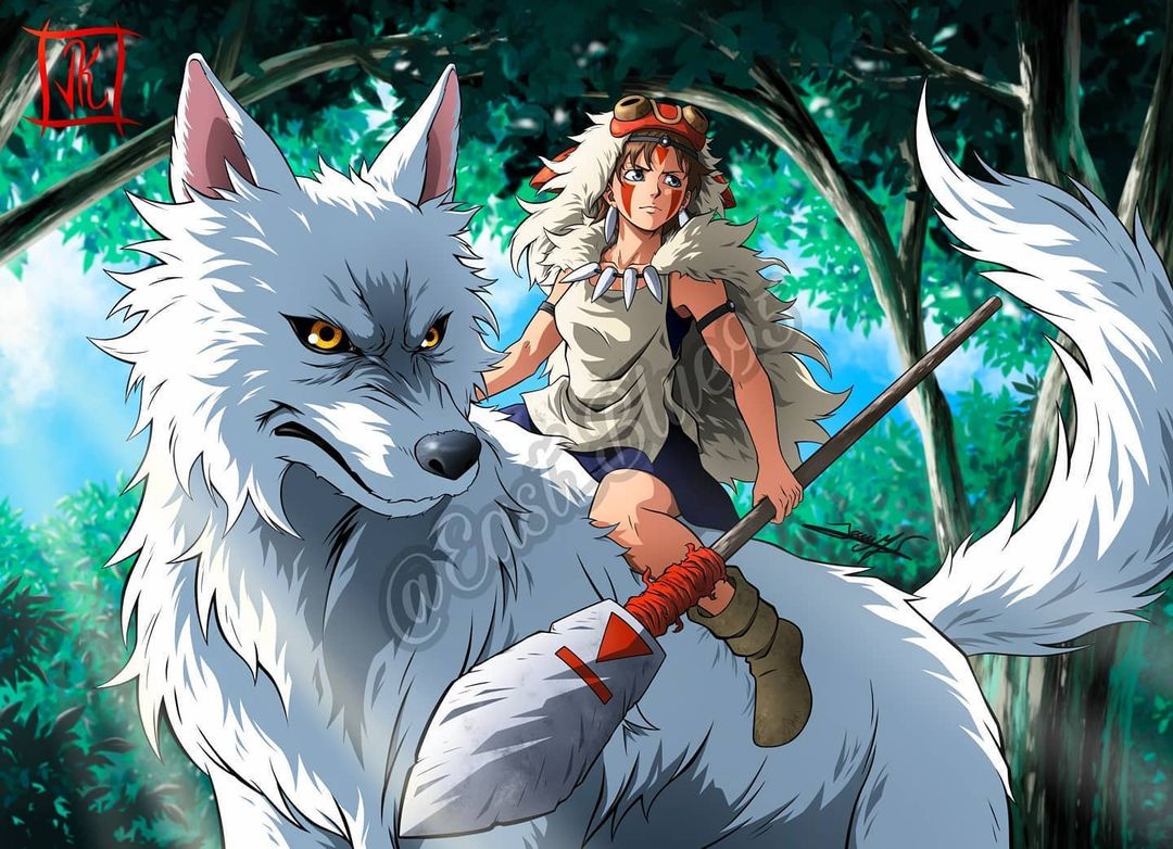 1girl animal armlet bad_source blue_eyes blue_skirt boots cape closed_eyes derivative_work earrings eastblue_95 english_commentary forest fur_cape holding holding_weapon jewelry looking_to_the_side makeup mask mononoke_hime moro_no_ichizoku nature necklace screencap_redraw sitting_on_animal skirt tooth_necklace tree twitter_username weapon white_cape wolf yellow_eyes