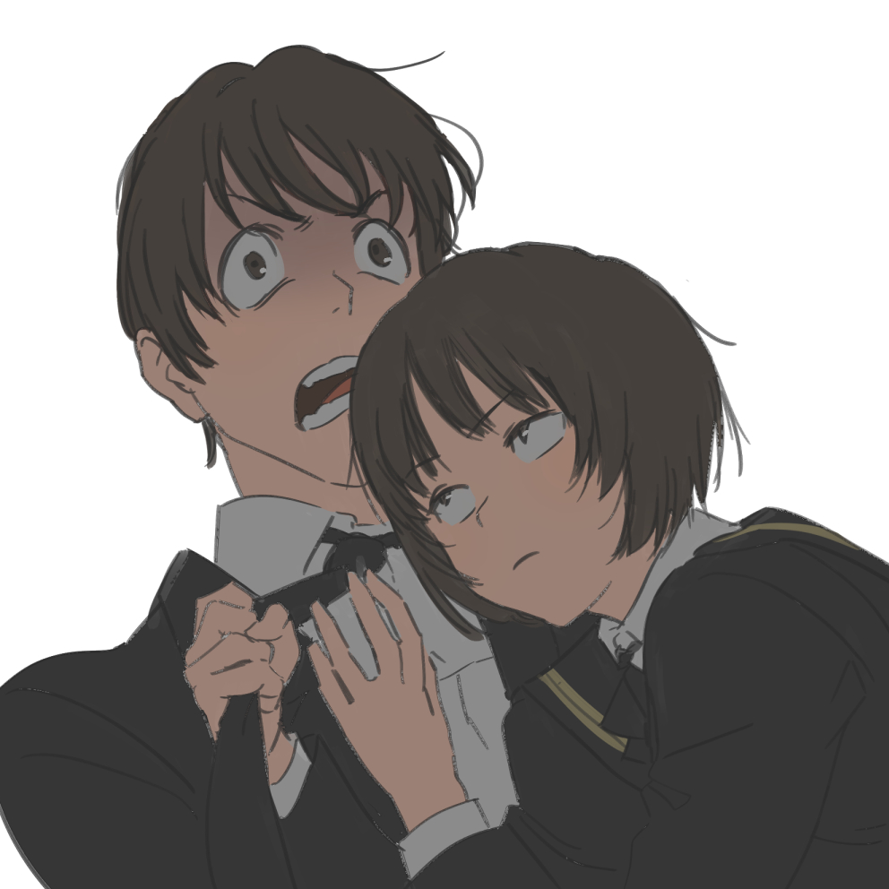 1boy 1girl amagami angry black_jacket brother_and_sister brown_hair closed_mouth collared_shirt commentary_request frown hand_on_another's_chest hands_up jacket kakeami long_sleeves looking_at_another necktie necktie_grab neckwear_grab open_mouth romaji_commentary sanpaku school_uniform shirt short_hair siblings simple_background strangling tachibana_jun'ichi tachibana_miya tareme upper_body v-shaped_eyebrows white_background white_shirt wide-eyed