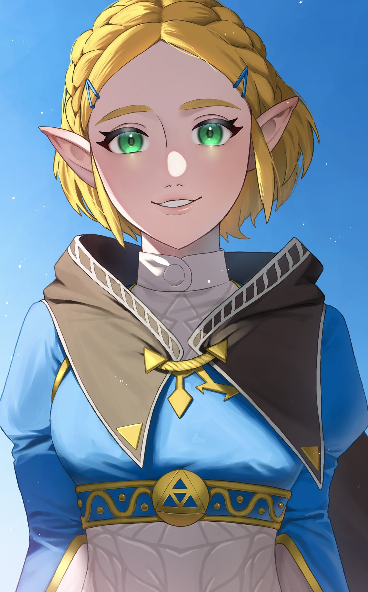 1girl black_cape blonde_hair blue_shirt blue_sky cape green_eyes highres jimaku_726 looking_at_viewer parted_lips pointy_ears princess_zelda shirt short_hair sky smile solo the_legend_of_zelda the_legend_of_zelda:_breath_of_the_wild upper_body