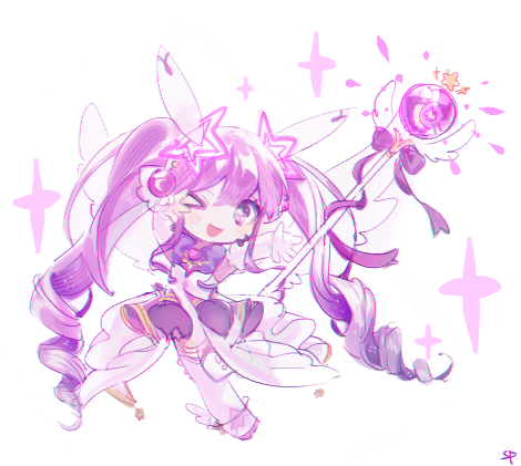 &gt;_o 1girl aisha_landar dress drill_hair elsword full_body gold_trim holding holding_staff long_hair lowres metamorphy_(elsword) one_eye_closed open_mouth purple_dress purple_hair simple_background smile solo sp_els_master staff thigh-highs twin_drills twintails very_long_hair violet_eyes white_background white_thighhighs