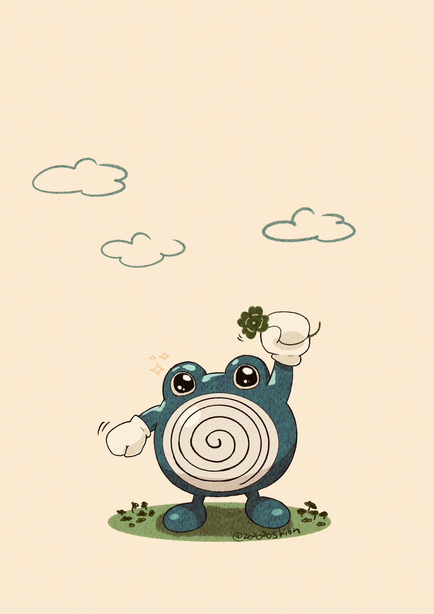 artist_name blue_skin clouds clover colored_skin commentary flower four-leaf_clover gloves highres holding holding_flower no_humans on_grass pokemon pokemon_(creature) poliwhirl simple_background standing symbol-only_commentary twitter_username white_background white_gloves zozozoshion
