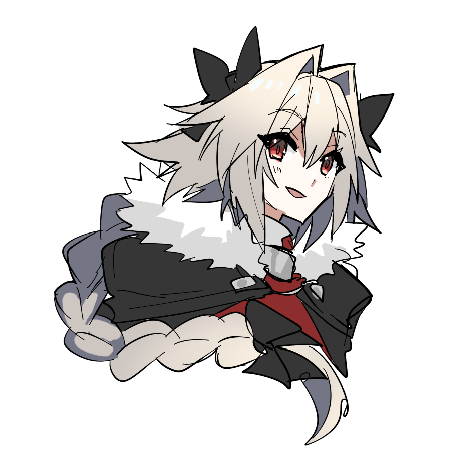 1boy alternate_color alternate_eye_color alternate_hair_color androgynous astolfo_(fate) black_bow black_cape bow braid cape fang fate/apocrypha fate_(series) fur-trimmed_cape fur_trim hair_between_eyes hair_bow hair_intakes haoro long_braid long_hair male_focus multicolored_hair open_mouth otoko_no_ko pink_hair portrait red_eyes simple_background single_braid skin_fang smile solo streaked_hair two-tone_hair violet_eyes white_background white_hair