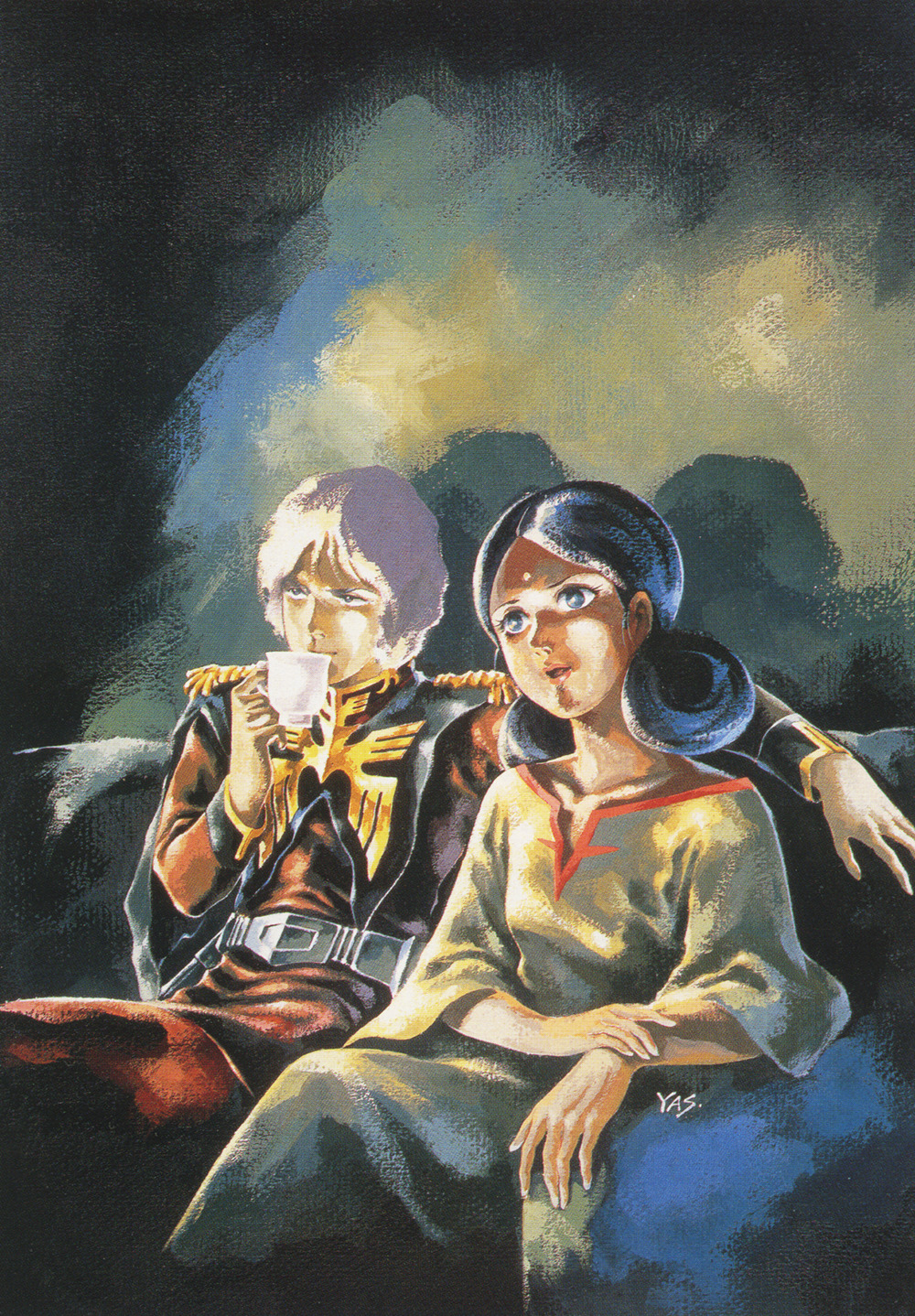 1980s_(style) belt bindi char_aznable coffee_cup concept_art couch couple cup disposable_cup dress drinking gundam highres lalah_sune military military_uniform mobile_suit_gundam official_art painting_(medium) production_art promotional_art retro_artstyle scan science_fiction signature sitting traditional_media uniform yasuhiko_yoshikazu zeon