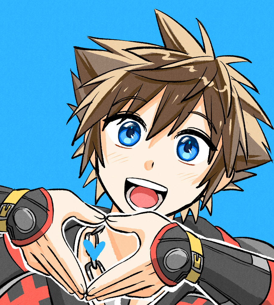 1boy :d black_gloves black_shirt blue_background blue_eyes brown_hair close-up fingerless_gloves gloves head_tilt heart heart_hands heart_in_heart_hands kingdom_hearts kingdom_hearts_ii light_blush looking_at_viewer open_mouth outline shirt short_hair smile solo sora_(kingdom_hearts) spiky_hair sunx7443 tongue white_outline