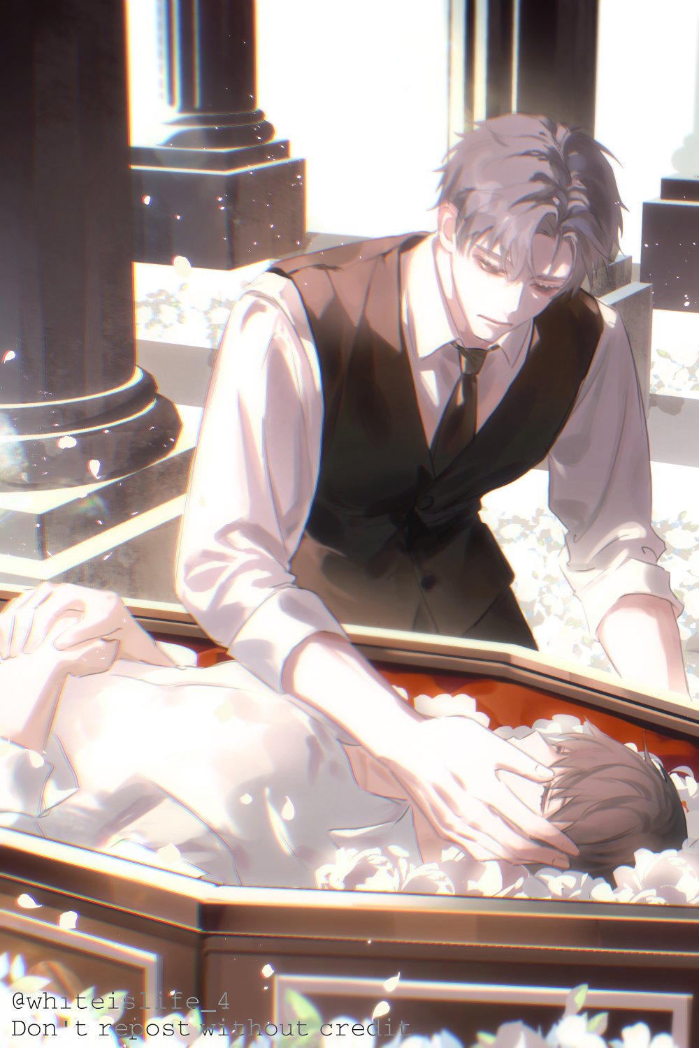 black_necktie black_sweater brown_hair closed_mouth coffin collared_shirt funeral grey_hair hand_on_another's_cheek hand_on_another's_face highres ilay_riegrow implied_death jeong_taeui long_sleeves lying necktie passion_(manhwa) pillar shirt sweater twitter_username white_shirt whiteislife_4