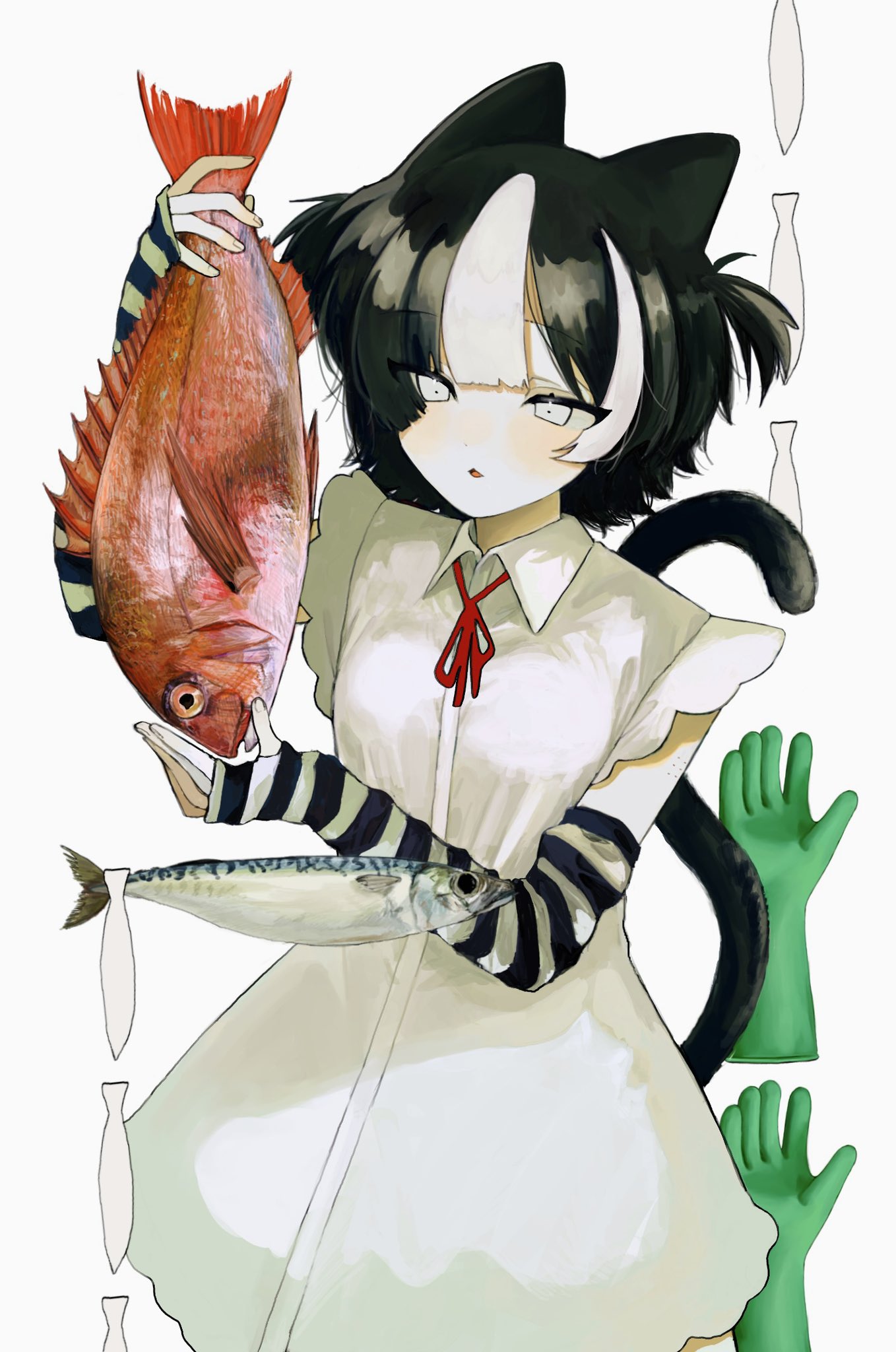 1girl animal animal_ears arm_warmers black_hair cat_ears cat_girl cat_tail cellphone cowboy_shot dilated_pupils dress fish gloves highres hiro_016016 holding holding_animal holding_fish mackerel_(fish) multicolored_hair neck_ribbon original parted_lips phone red_ribbon red_snapper ribbon short_hair sleeveless sleeveless_dress smartphone solo standing streaked_hair striped_arm_warmers tail tail_raised two_side_up unworn_gloves white_background white_dress white_eyes