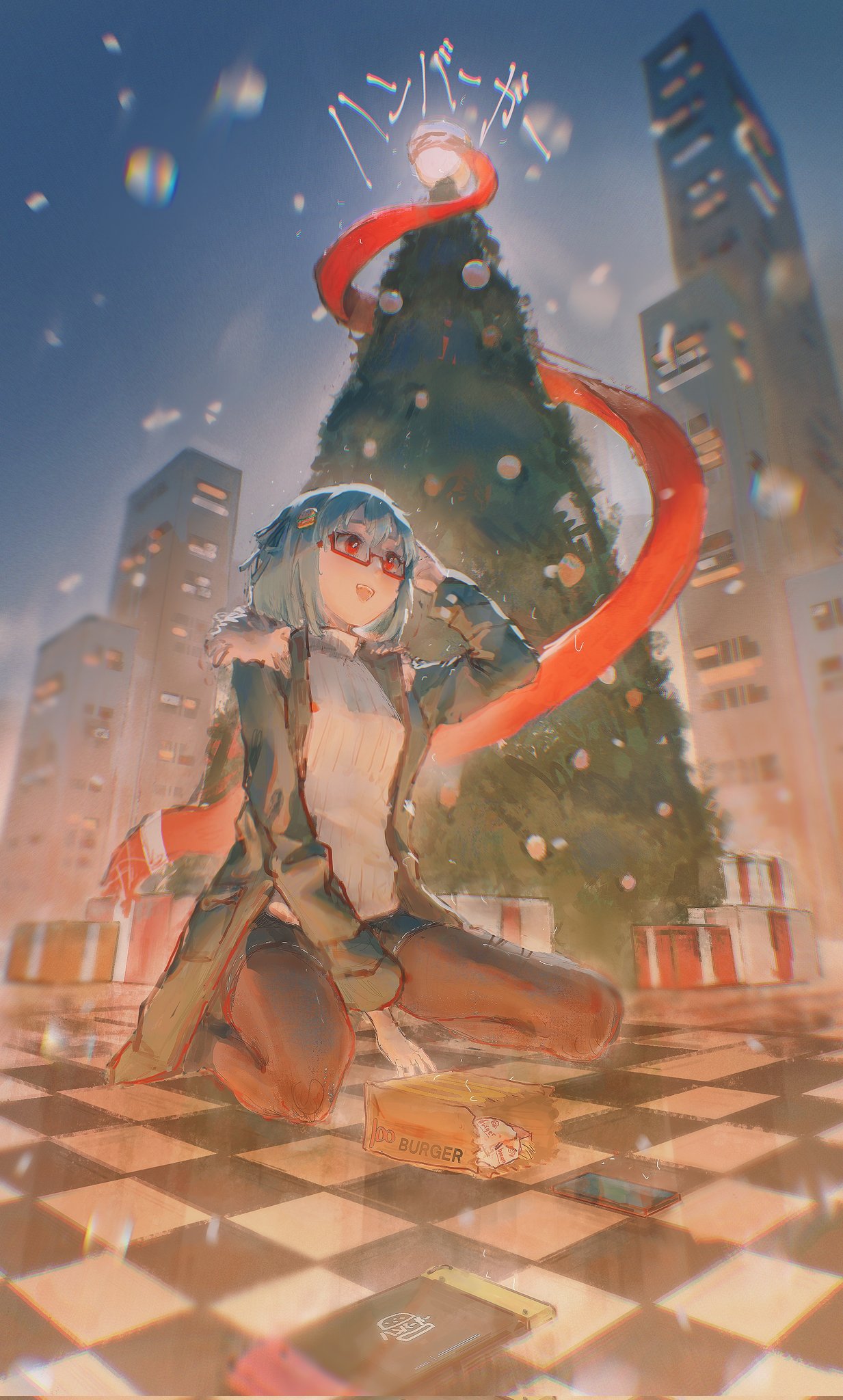 1girl 7sx9a blue_hair box building checkered_floor christmas_tree chromatic_aberration copyright_request fur_trim gift gift_box green_jacket hair_ornament highres jacket long_sleeves open_mouth outdoors red-framed_eyewear red_eyes semi-rimless_eyewear smile solo under-rim_eyewear wide_shot