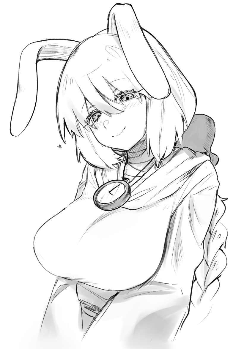 1girl animal_ears bandaged_neck bandages black_souls blush bow braid braided_ponytail cloak clock closed_mouth greyscale hair_bow jewelry long_hair long_sleeves looking_at_viewer low_ponytail monochrome necklace node_(black_souls) rabbit_ears sidelocks smile solo versopa very_long_hair