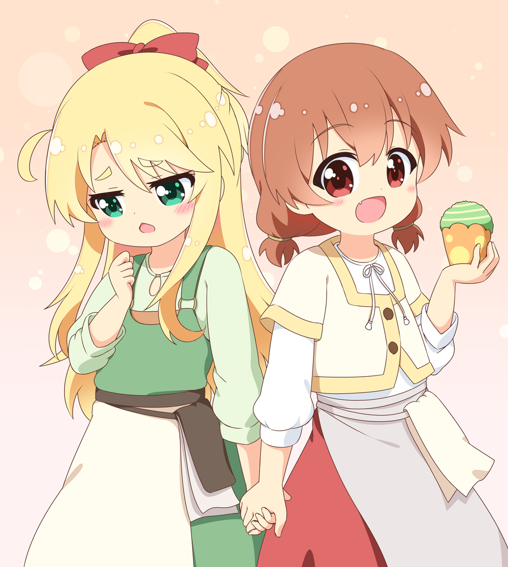 2girls apron blonde_hair blush bow child commentary_request cupcake dress fang food gradient_background green_dress green_eyes hair_bow himesaka_noa holding holding_food holding_hands hoshino_hinata long_hair long_sleeves looking_at_viewer looking_down looking_to_the_side multiple_girls open_mouth pila-pela red_bow red_eyes red_skirt redhead shirt short_sleeves skirt watashi_ni_tenshi_ga_maiorita! white_apron white_shirt