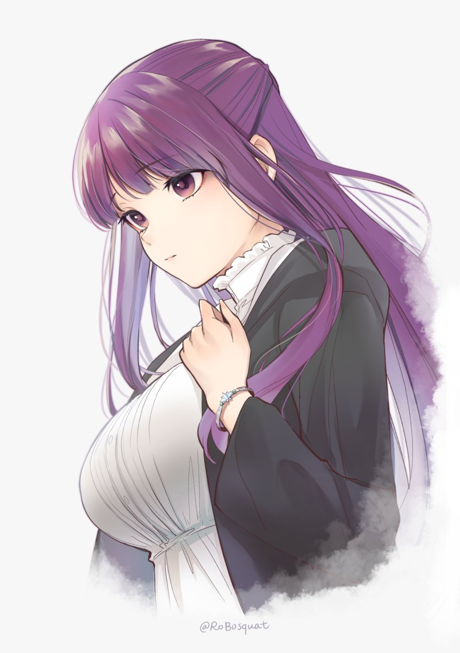 1girl black_robe bracelet carrot_(robosquat) cropped_torso dress expressionless fern_(sousou_no_frieren) highres jewelry long_hair looking_to_the_side purple_hair robe solo sousou_no_frieren upper_body violet_eyes white_dress
