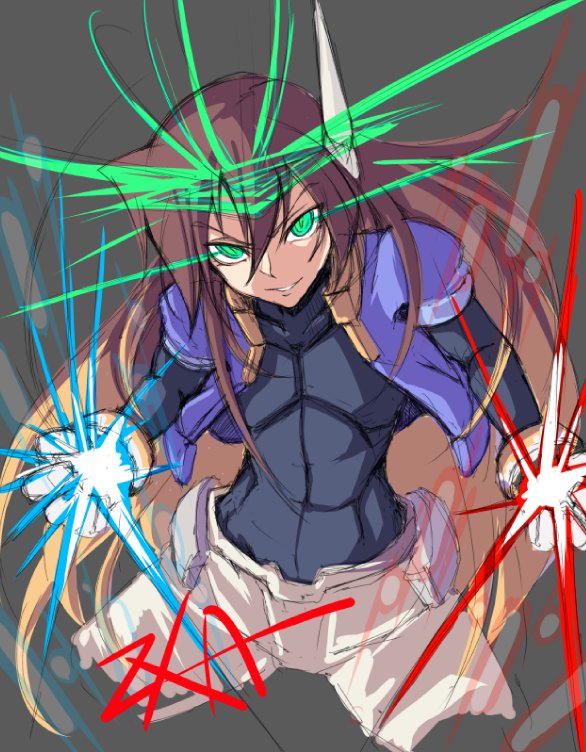 1boy black_bodysuit blue_jacket bodysuit bodysuit_under_clothes brown_hair commentary_request cropped_jacket glowing glowing_eyes green_eyes grey_background henshin holding jacket looking_at_viewer mega_man_(series) mega_man_zx mega_man_zx_advent open_clothes open_jacket pants semikichi sketch solo vent_(mega_man) white_pants