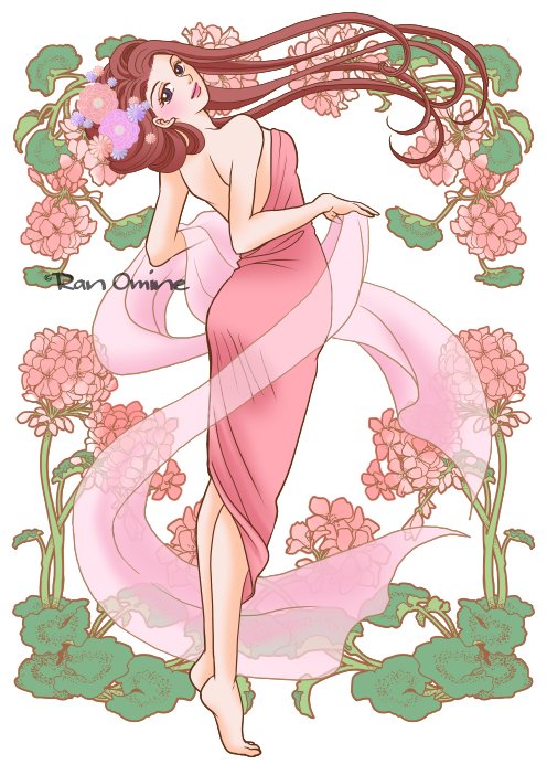 1girl art_nouveau artist_name bare_back bare_shoulders barefoot brown_hair floating_hair floral_background flower from_behind hair_flower hair_ornament head_tilt holding holding_ribbon long_hair looking_at_viewer oomine_ran original pink_top ribbon see-through solo standing tiptoes