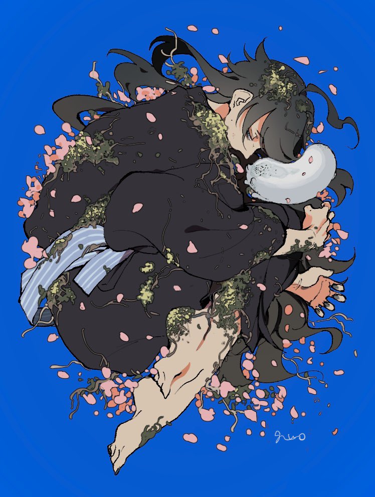 1boy 83k_gq barefoot black_hair black_kimono blue_background blue_eyes commentary_request creature full_body green_nails japanese_clothes kimono long_hair long_sleeves looking_at_viewer lying male_focus on_side original petals simple_background solo wide_sleeves