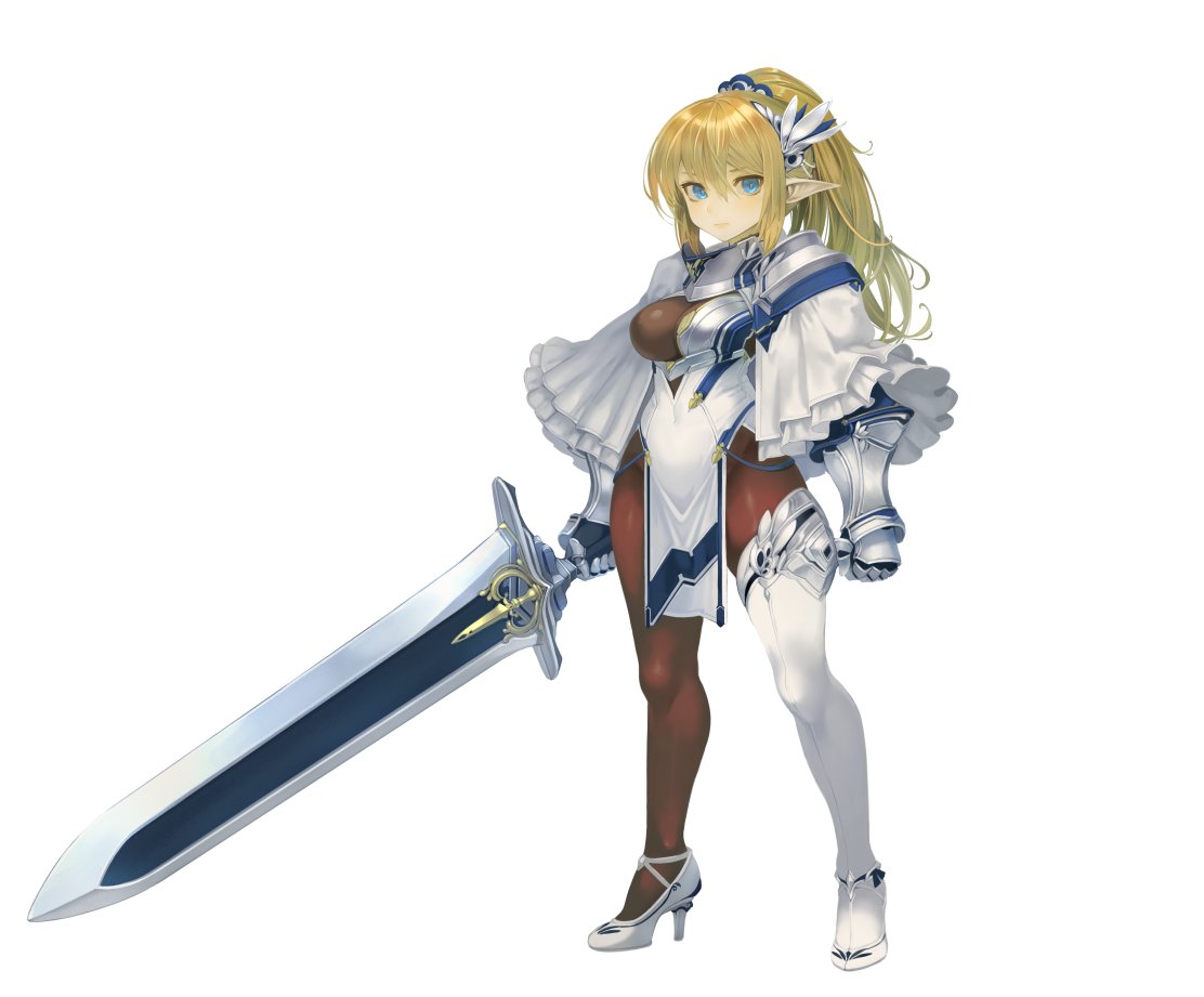blonde_hair blue_eyes breasts elf high_heels holding holding_sword holding_weapon medium_breasts pantyhose pointy_ears puribate_(helgoland) sword weapon wizardry
