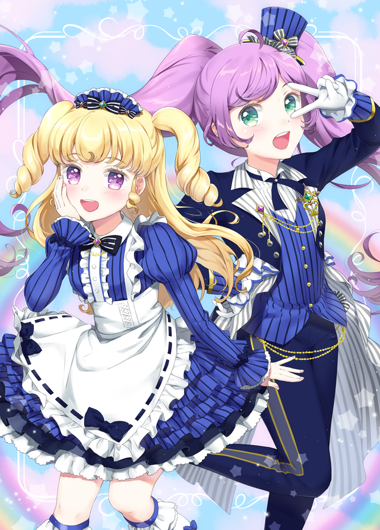 2girls :d ahoge aiguillette apron blonde_hair blue_dress blue_jacket blue_pants bow center_frills collared_shirt cowboy_shot dress frilled_apron frilled_dress frills gloves green_eyes hair_bow hand_on_own_cheek hand_on_own_face hat idol_clothes idol_time_pripara jacket juliet_sleeves long_hair long_sleeves looking_at_viewer manaka_laala mini_hat multiple_girls open_mouth pants pretty_series pripara puffy_sleeves purple_hair ringlets shirt smile standing standing_on_one_leg twintails two_side_up unya_(unya-unya) v v_over_eye very_long_hair violet_eyes white_apron white_gloves white_shirt yumekawa_yui