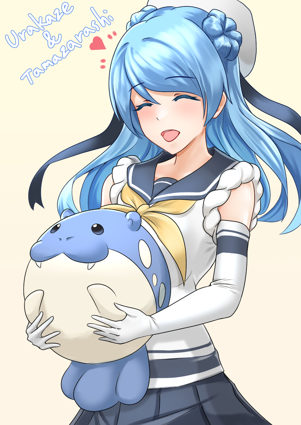 1girl blue_hair blue_sailor_collar blush breasts character_name closed_eyes double_bun elbow_gloves fangs fangs_out gloves hair_bun hat highres holding kantai_collection large_breasts long_hair neckerchief no_humans open_mouth pleated_skirt pokemon pokemon_(creature) pokemon_rse sailor_collar sailor_hat school_uniform seal_(animal) serafuku skirt sleeves_rolled_up smile solo spheal urakaze_(kancolle) wata_nuki white_gloves white_hat yellow_background yellow_neckerchief