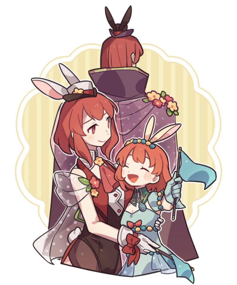 1boy 2girls :d ^_^ animal_ears border brother_and_sister cape closed_eyes fake_animal_ears fire_emblem fire_emblem:_mystery_of_the_emblem fire_emblem_heroes flag haconeri holding holding_flag long_hair maria_(fire_emblem) maria_(spring)_(fire_emblem) medium_hair michalis_(fire_emblem) michalis_(spring)_(fire_emblem) minerva_(fire_emblem) minerva_(spring)_(fire_emblem) multiple_girls official_alternate_costume open_mouth outside_border purple_cape rabbit_ears red_eyes redhead siblings sisters smile white_border yellow_background