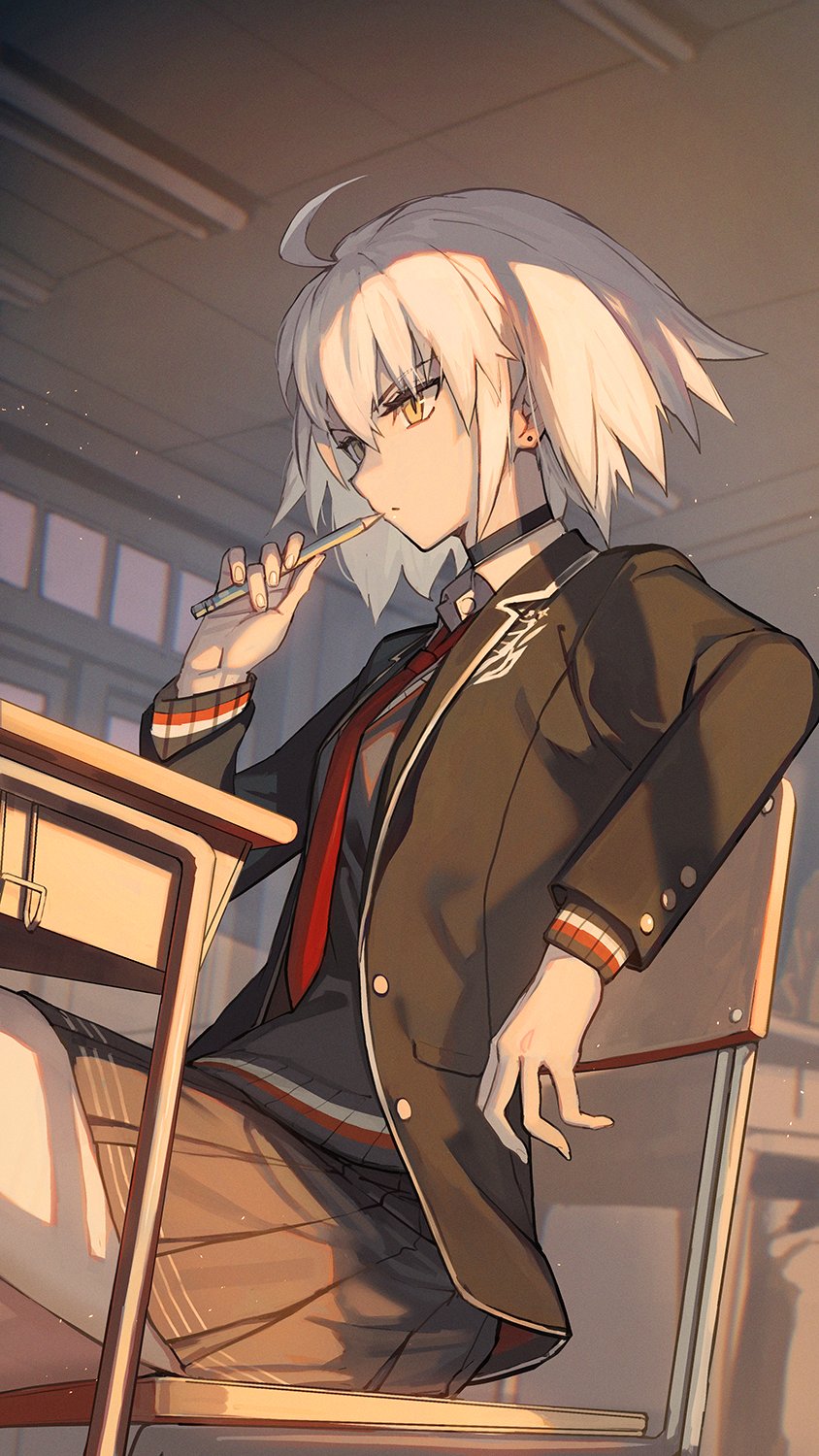 1girl ahoge black_choker black_jacket black_skirt blue_sweater chair choker chromatic_aberration classroom closed_mouth collared_shirt crossed_legs desk earrings elbow_rest fate/grand_order fate_(series) hair_between_eyes highres holding holding_pencil indoors jacket jeanne_d'arc_alter_(avenger)_(fate) jeanne_d'arc_alter_(fate) jewelry lack light_particles looking_ahead necktie open_clothes open_jacket pencil pleated_skirt red_necktie school_chair school_desk school_uniform shirt short_hair sitting skirt solo sweater white_hair white_shirt wing_collar yellow_eyes