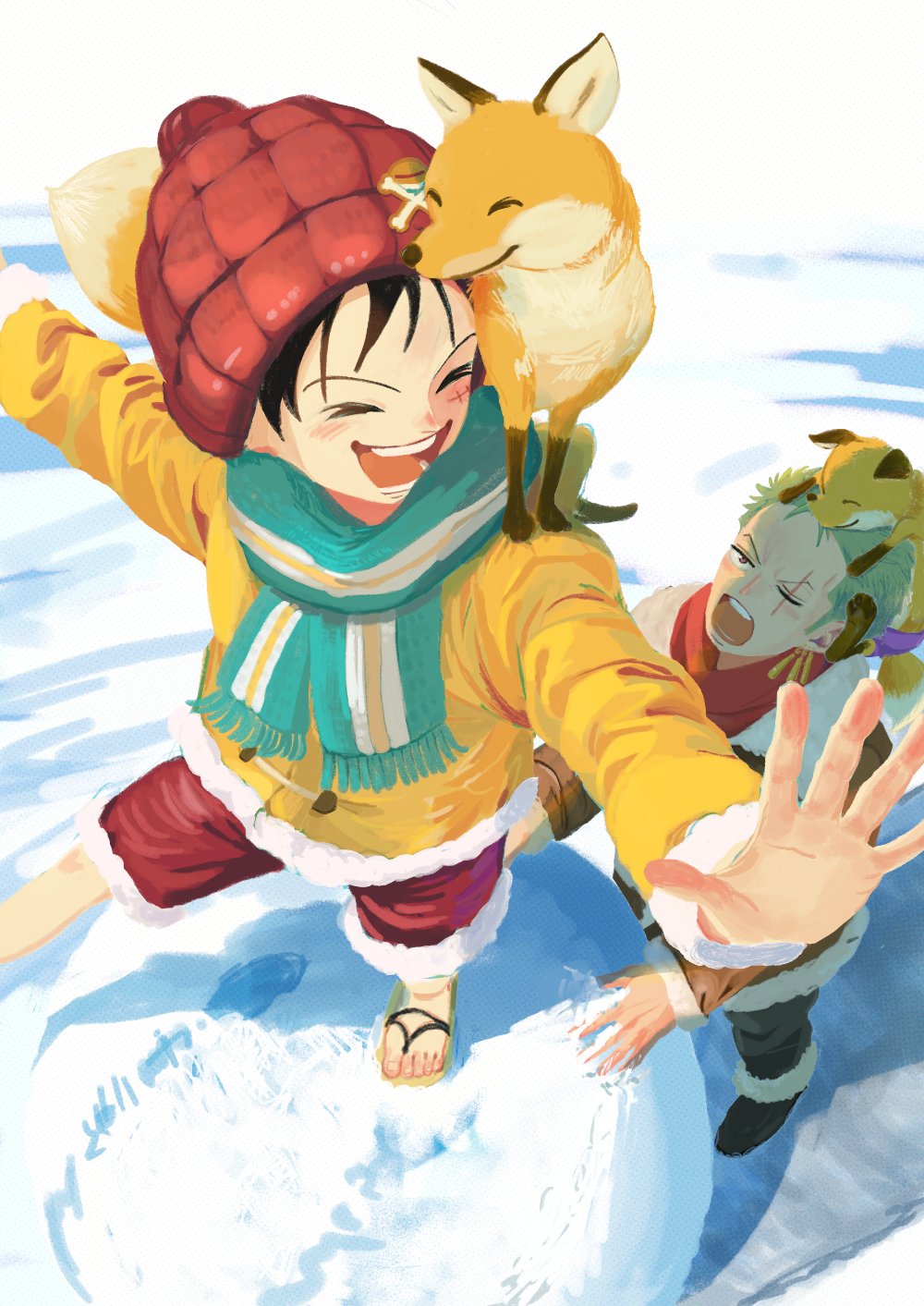 2boys 7nawon animal_on_head animal_on_shoulder beanie black_hair closed_eyes coat day earrings flip-flops fox from_above full_body green_hair hat highres jewelry looking_at_another male_focus monkey_d._luffy multiple_boys on_head one_piece open_mouth outdoors roronoa_zoro sandals scar scar_on_cheek scar_on_face scarf short_hair sideburns single_earring smile snowball winter winter_clothes winter_coat