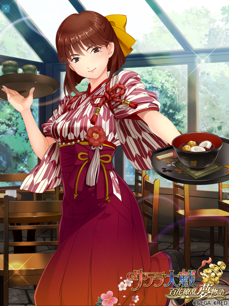 1girl alternate_costume beads black_footwear blunt_bangs blunt_ends bob_cut bowl brown_hair chair chopsticks commentary copyright_name copyright_notice cowboy_shot cup english_text floral_print_hakama flower_ornament food gold_ribbon hair_behind_ear hair_ribbon hakama hakama_skirt highres holding holding_plate indoors japanese_clothes kanzaki_sumire knot leg_up lens_flare light_smile logo mole mole_under_eye official_art plate red_hakama red_ribbon ribbon sakura_taisen short_hair skirt sleeves_rolled_up standing standing_on_one_leg stone_floor straight_hair white_tassel wide_sleeves window yagasuri yellow_ribbon yuasa_tsugumi yunomi