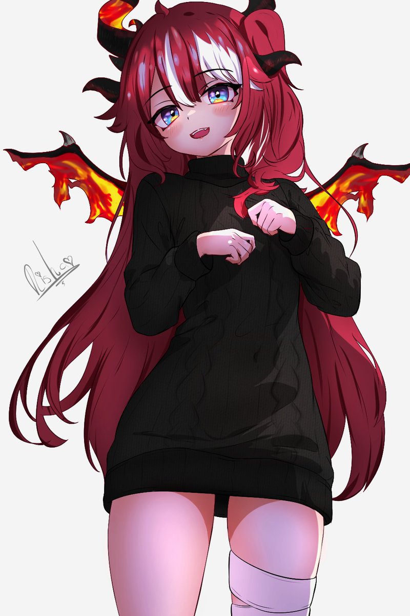 1girl bandaged_leg bandages black_sweater blue_eyes blush dragon_girl dragon_horns dragon_wings hands_up highres horns long_hair long_sleeves looking_at_viewer multicolored_hair open_mouth phase_connect redhead risha saya_sairroxs signature simple_background smile solo streaked_hair sweater turtleneck turtleneck_sweater virtual_youtuber white_background white_hair wings