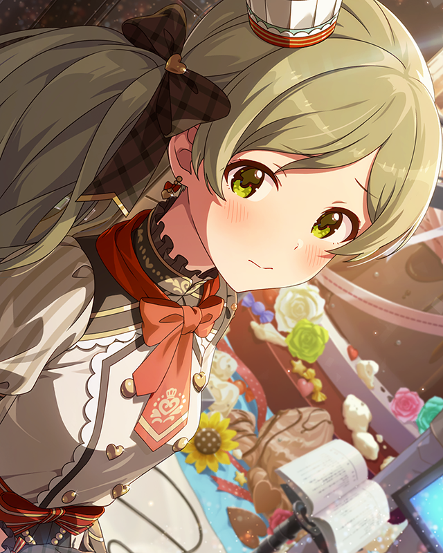 1girl blush bow bowtie breasts buttons cake candy chocolate chocolate_cake closed_mouth collar dot_nose double-breasted dress dutch_angle earrings embarrassed eyelashes fluffy_hair food frilled_collar frilled_dress frills grey_hair handa_roco hat heart heart-shaped_chocolate heart-shaped_ornament heart_button idolmaster idolmaster_million_live! idolmaster_million_live!_theater_days indoors jewelry long_hair mini_chef_hat mini_hat official_alternate_costume official_alternate_hairstyle official_art parted_bangs patissier puffy_short_sleeves puffy_sleeves red_bow red_bowtie short_sleeves shy side_ponytail sidelocks small_breasts solo sparkle studio upper_body very_long_hair wavy_hair yellow_eyes