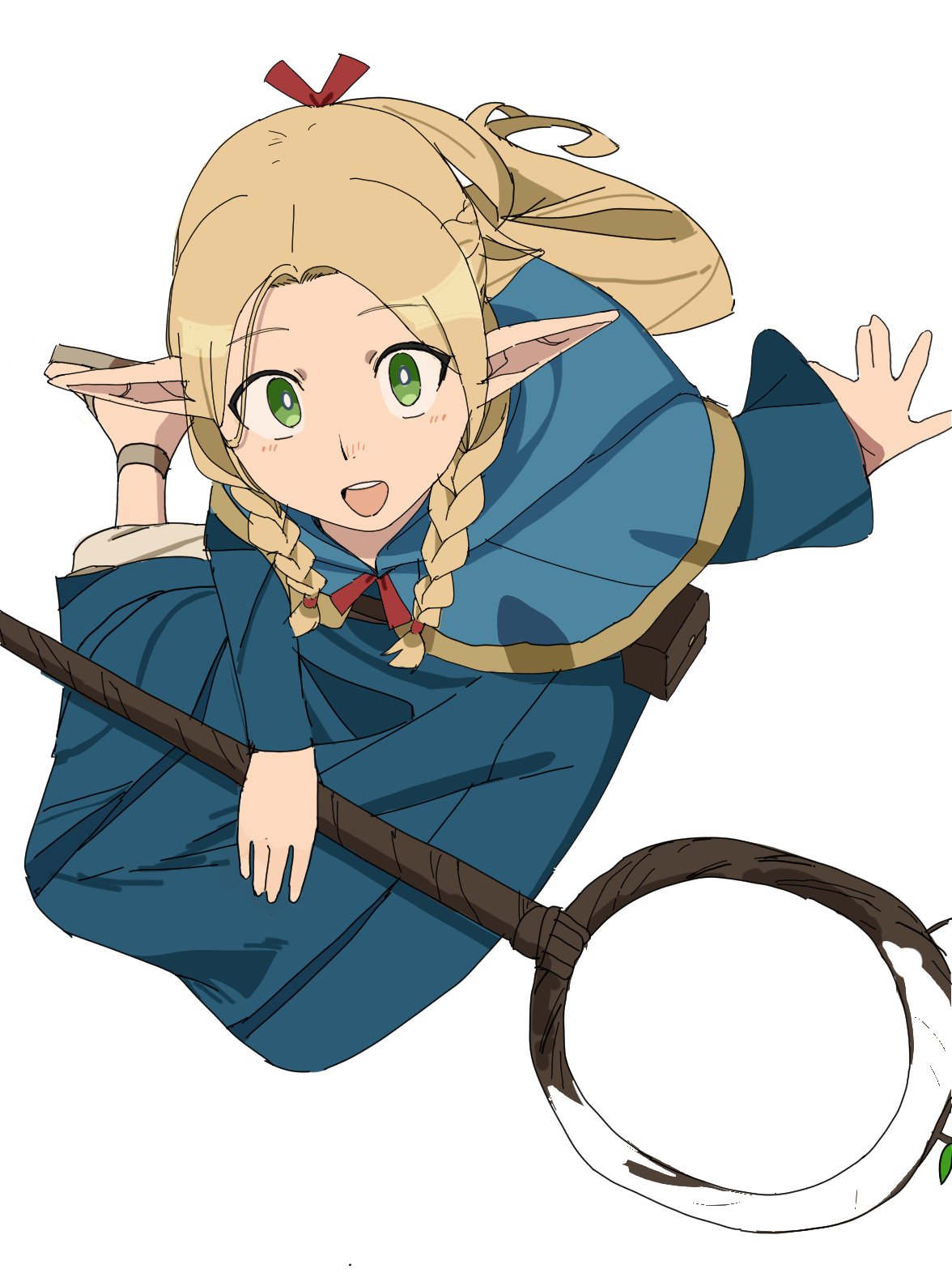 1girl ambrosia_(dungeon_meshi) arm_support blonde_hair blue_capelet blue_dress braided_sidelock capelet commentary dress dungeon_meshi from_above full_body green_eyes hair_ribbon highres holding holding_wand long_hair looking_at_viewer marcille_donato open_mouth pants partially_colored pointy_ears red_ribbon ribbon sandals simple_background sitting solo teeth upper_teeth_only waist_bag wand white_background white_pants womiriguramu yokozuwari