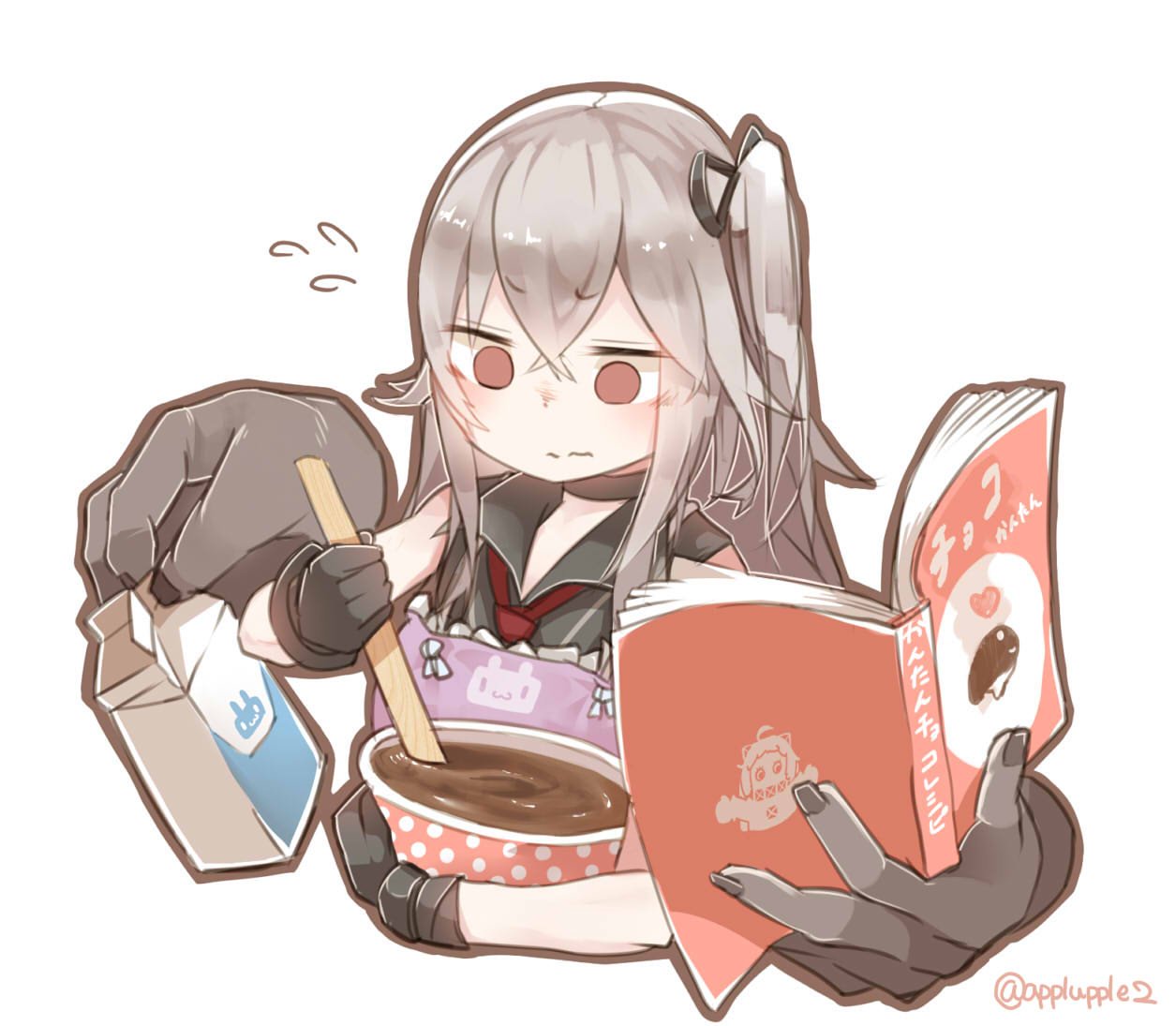 1girl abyssal_ship apron apupuru black_choker black_gloves book bowl bug choker cookbook crossed_bangs destroyer_water_oni extra_arms fly gloves grey_hair hair_between_eyes hair_ribbon holding holding_book holding_bowl kantai_collection long_hair milk_carton mixing_bowl one-hour_drawing_challenge one_side_up pink_apron red_eyes ribbon simple_background sleeveless solo translation_request wavy_mouth white_background