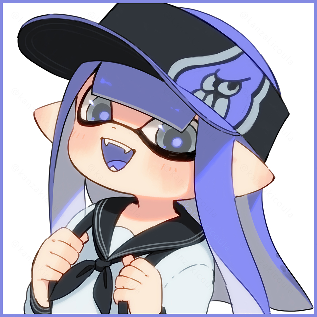 1girl black_hat border commentary_request coula_cat grey_eyes inkling inkling_girl inkling_player_character long_hair open_mouth pointy_ears print_headwear purple_border purple_hair purple_hat purple_pupils sailor_collar sailor_shirt shirt simple_background smile solo splatoon_(series) teeth tentacle_hair two-tone_headwear upper_body visor_cap white_background