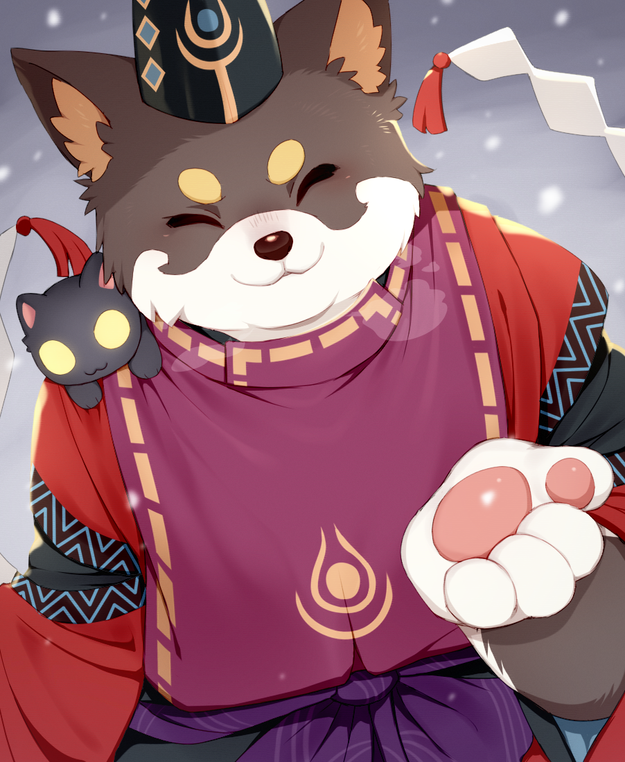 1boy :3 animal_ears animal_on_shoulder black_cat black_hat blush breath cat cat_on_shoulder closed_eyes closed_mouth commentary_request detached_sleeves dog_boy dog_ears full_body furry furry_male grey_background hat japanese_clothes kariginu mahjong_soul male_focus mofuaki pawpads purple_sash red_sleeves sash shide smile snowing solo tate_eboshi wanjirou