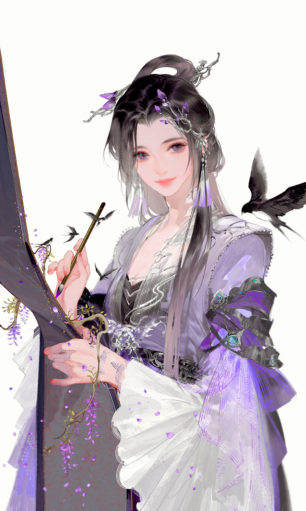 1girl bird black_bird black_hair calligraphy_brush chinese_clothes closed_mouth dress flower hair_ornament highres holding holding_calligraphy_brush holding_paintbrush holding_scroll ibuki_satsuki jewelry long_hair looking_at_viewer nail_polish original paintbrush plant purple_dress purple_flower red_nails scroll simple_background solo violet_eyes white_background