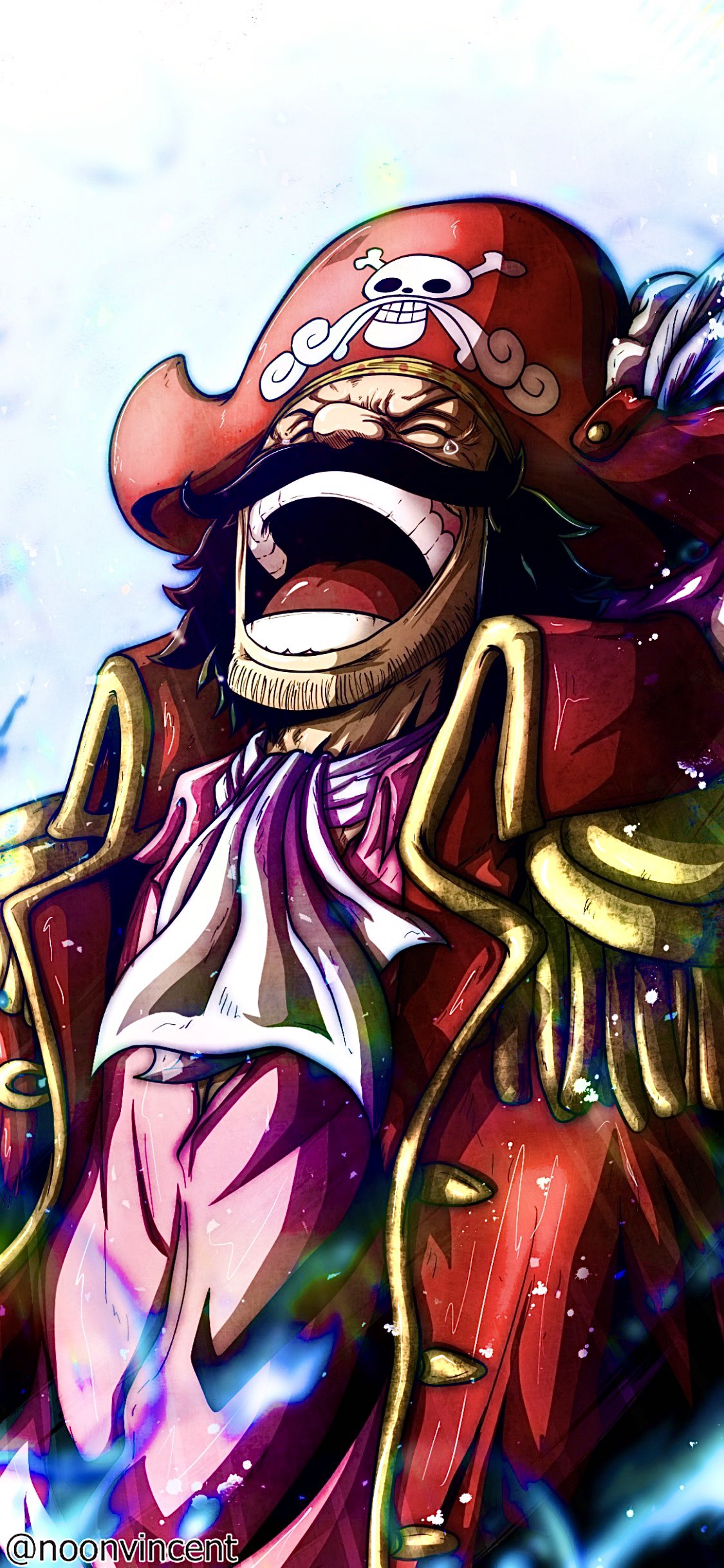 1boy absurdres artist_name beard_stubble black_hair closed_eyes collared_coat commentary crying epaulettes facial_hair gol_d._roger hat highres laughing male_focus mustache noonvincent one_piece open_mouth pirate_hat short_hair smile solo streaming_tears stubble tears teeth