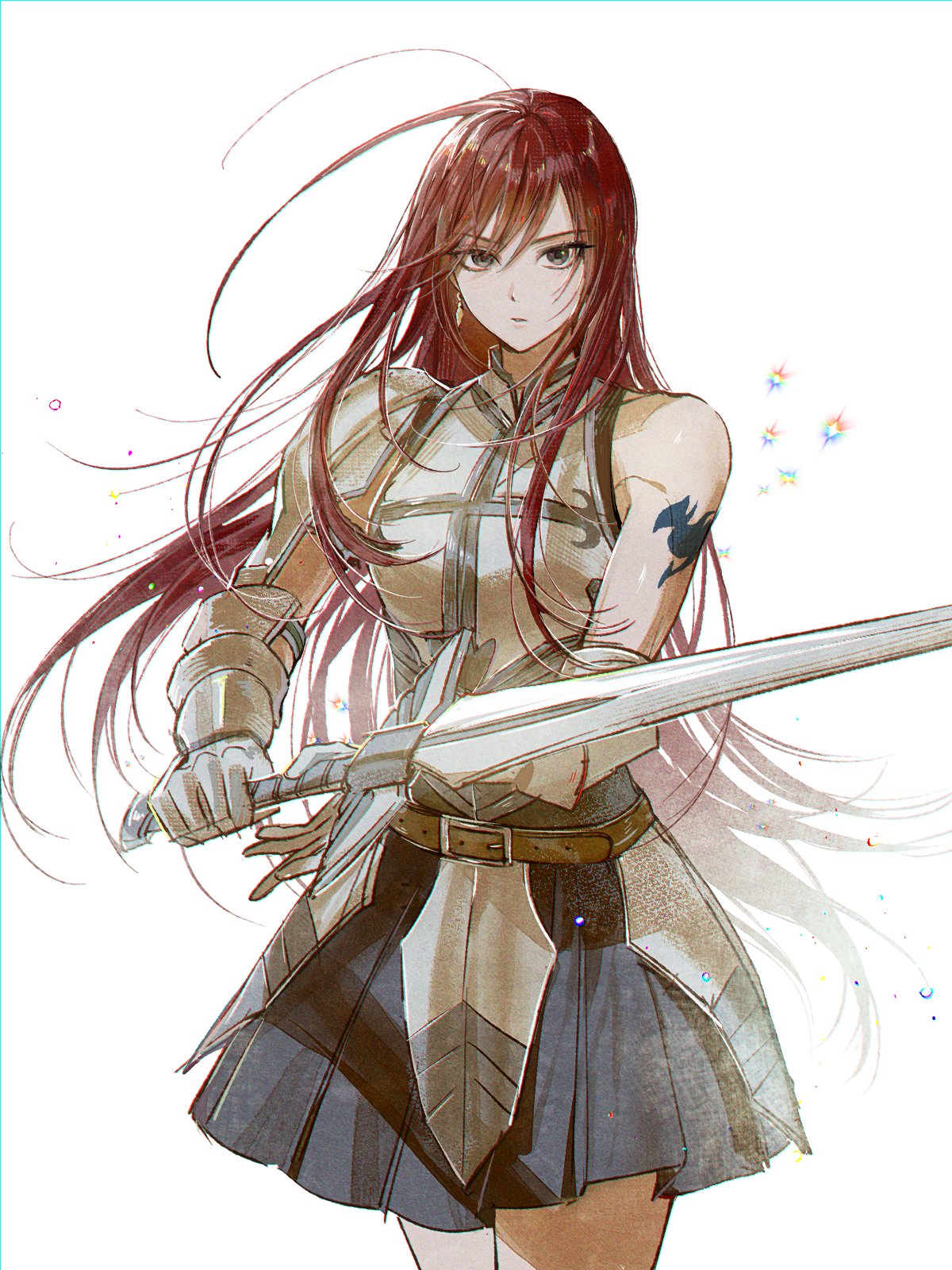 1girl a_mongs2 armor armored_dress belt belt_buckle blue_dress breastplate brown_belt buckle dress earrings erza_scarlet fairy_tail fairy_tail_logo floating_hair gauntlets hashtag_only_commentary highres jewelry long_hair looking_at_viewer pauldrons plackart red_eyes redhead shoulder_armor shoulder_tattoo simple_background single_bare_shoulder single_gauntlet single_pauldron solo swept_bangs sword tattoo very_long_hair weapon white_background