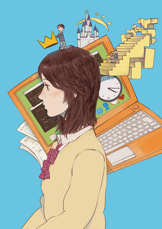 1girl brown_hair castle clock computer crown from_side laptop long_sleeves looking_ahead medium_hair oversized_object sailor_collar school_uniform simple_background sitting sitting_on_stairs solo stairs standing tagme taro.y