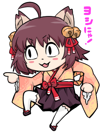 1girl :3 ahoge animal_ears bell black_eyes blush_stickers bow brown_hair brown_skirt cat_ears cat_girl chibi commentary_request fang flat_chest foot_up full_body genba_neko_(meme) hair_bell hair_ornament hair_ribbon ichihime japanese_clothes jingle_bell kimono long_sleeves looking_to_the_side lowres mahjong_soul medium_bangs meme obi open_mouth pink_kimono red_bow red_ribbon red_sash ribbon sash short_hair simple_background skirt smile solo thigh-highs tonda transparent_background waist_bow white_thighhighs wide_sleeves