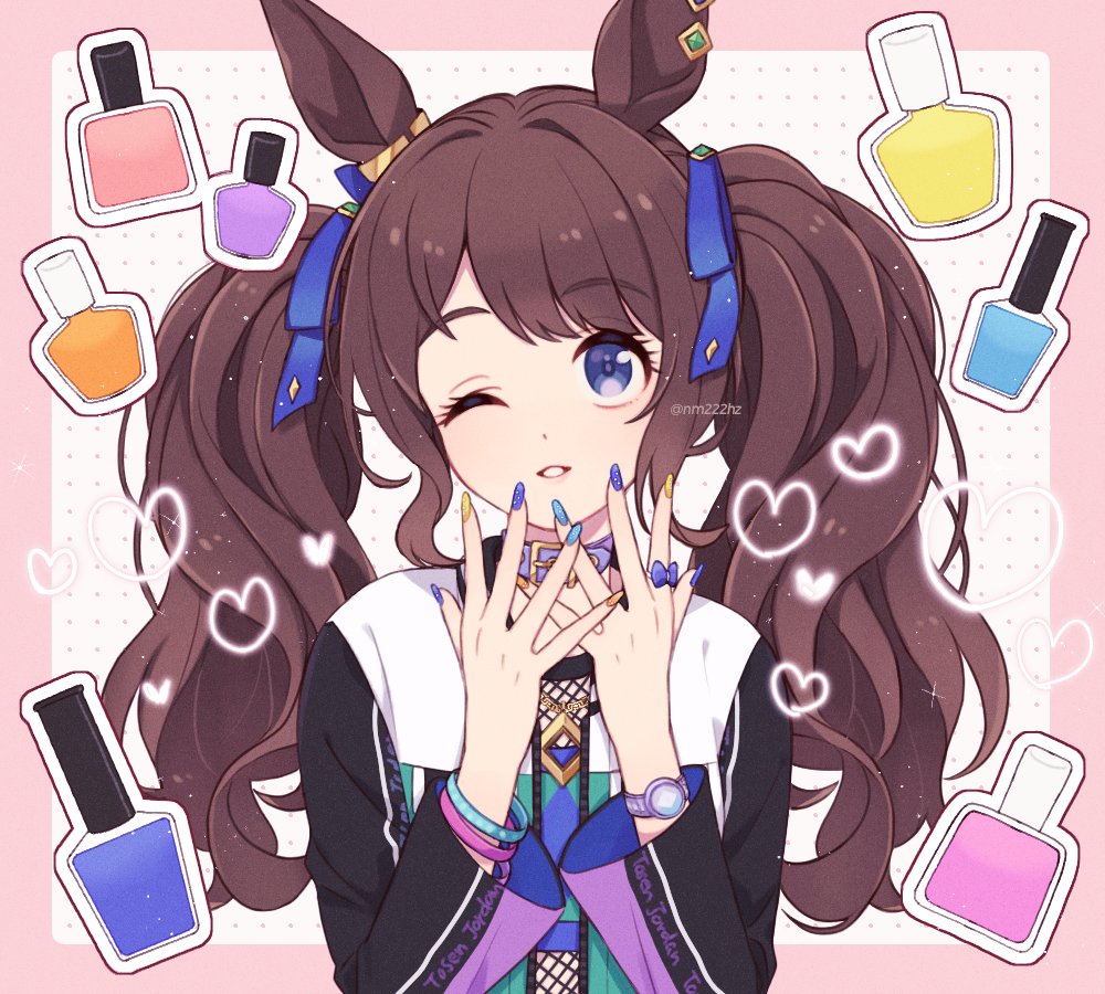 1girl animal_ears blue_eyes brown_hair collar fishnet_top fishnets hands_up horse_ears jacket long_hair long_sleeves looking_at_viewer male_focus multicolored_nails nail_polish_bottle nm222hz one_eye_closed open_clothes open_jacket open_mouth shirt smile solo tosen_jordan_(umamusume) twintails twitter_username umamusume upper_body watch watch watermark wristband
