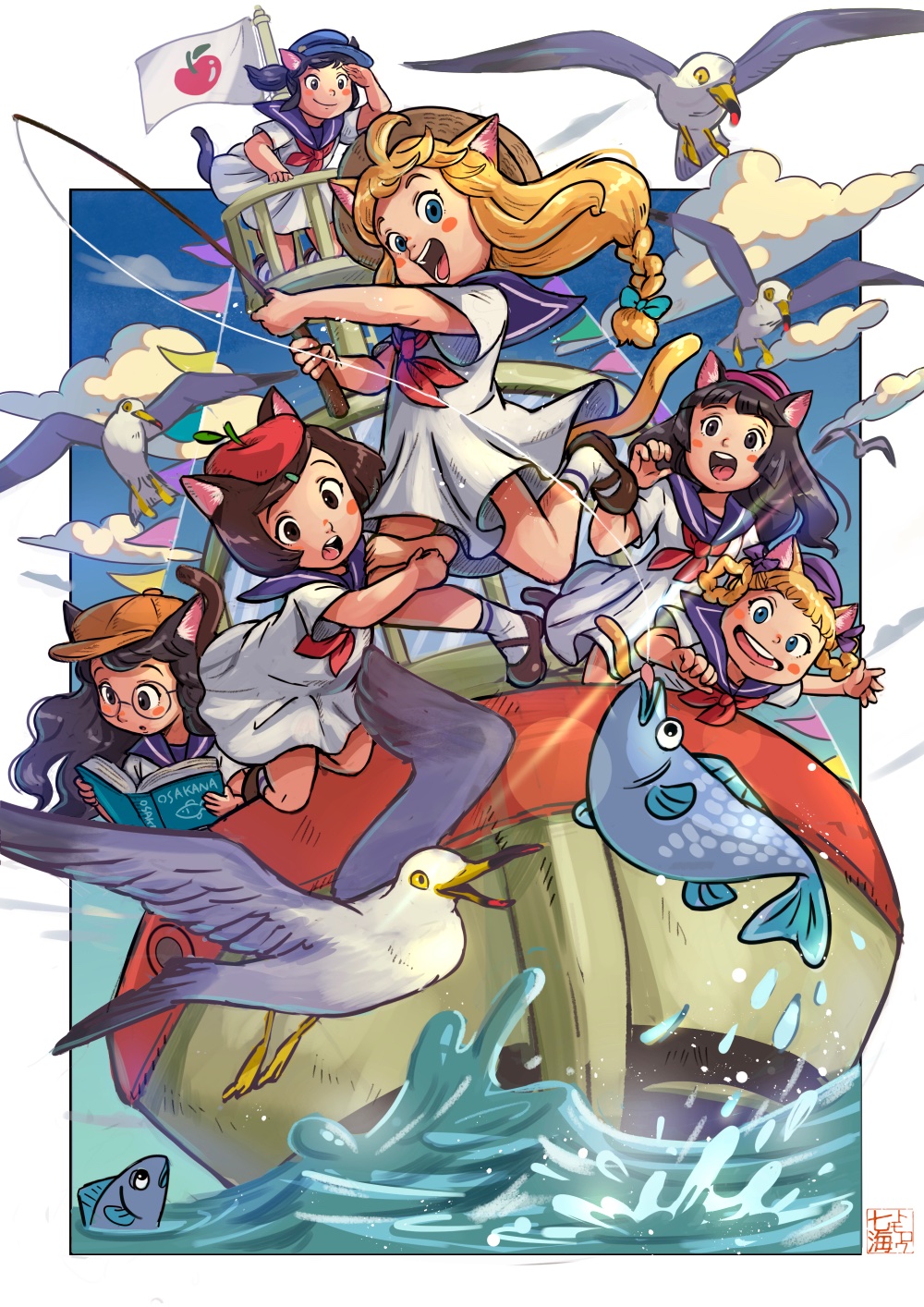 6+girls animal_ears beret bird black_eyes black_hair blonde_hair blue_eyes blue_sky blush_stickers boat book border braided_hair_rings bunting cabbie_hat cat_ears cat_girl cat_tail child clouds crow's_nest dress fish fishing fishing_line fishing_rod glasses hair_ornament hairclip hat highres jumping long_hair low-braided_long_hair low-tied_long_hair mary_janes multiple_girls nanami_tomorou neckerchief open_mouth original outside_border reading red_neckerchief round_eyewear round_teeth sailor_collar seagull shoes sky socks tail teeth water watercraft white_border white_dress