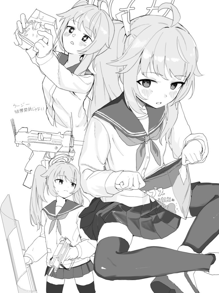 +_+ 1girl ahoge blue_archive blush cardigan drink greyscale gun halo holding holding_drink holding_gun holding_weapon long_hair long_sleeves micro_uzi milk_carton monochrome multiple_views natsu_(blue_archive) neckerchief open_mouth pleated_skirt sailor_collar side_ponytail simple_background skirt submachine_gun thigh-highs umiwashi weapon white_background