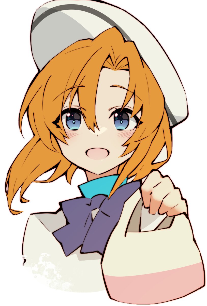 1girl :d bag beret blue_eyes blush bow bright_pupils close-up commentary_request cropped_torso eyes_visible_through_hair floating_hair hair_between_eyes hand_up happy hat highres higurashi_no_naku_koro_ni holding holding_bag looking_at_viewer open_mouth orange_hair purple_bow ryuuguu_rena short_hair simple_background smile solo suzuragi_karin white_background white_hat