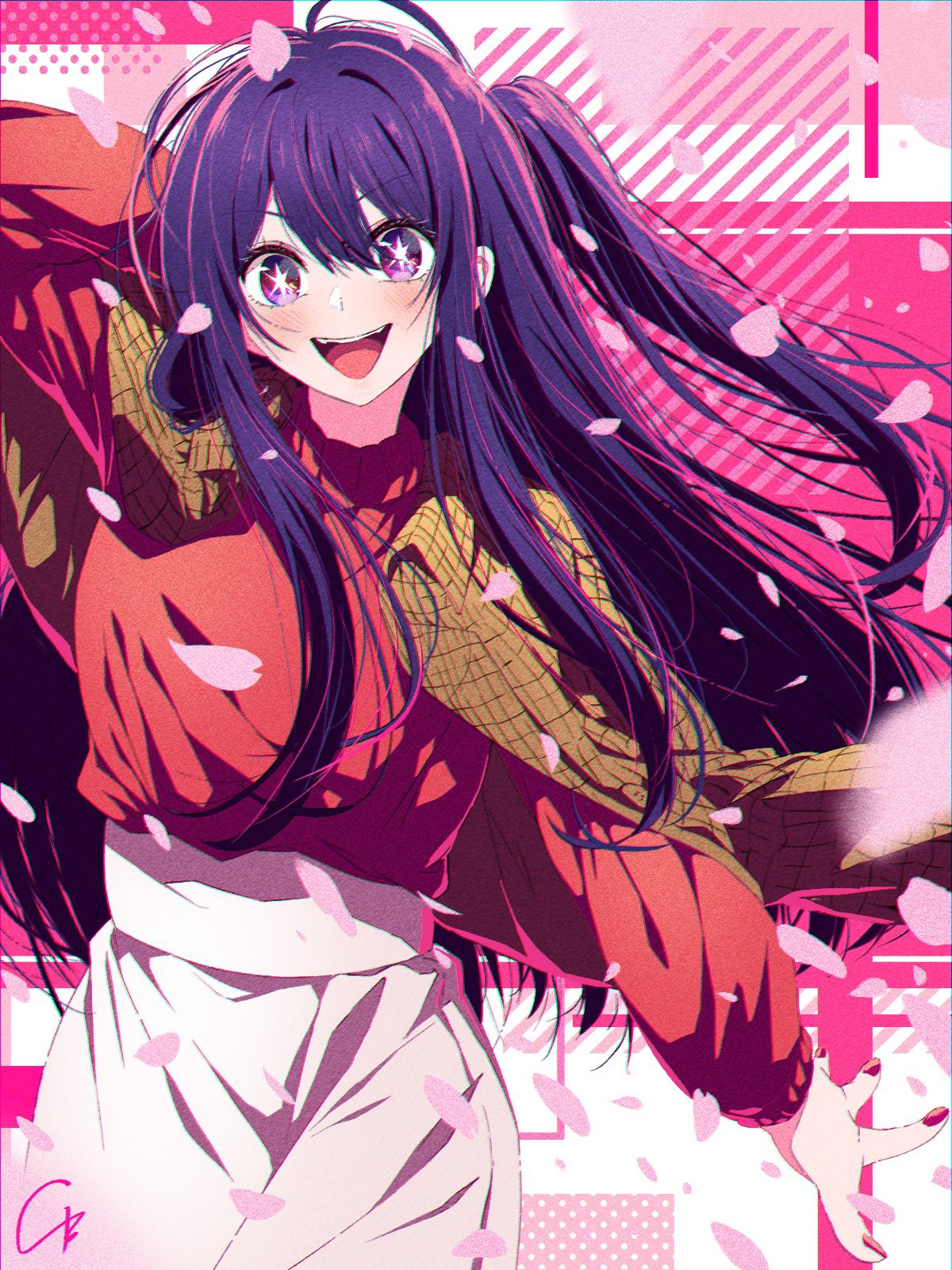1girl 4b-enpitsu blush brown_jacket cherry_blossoms chromatic_aberration commentary cowboy_shot falling_petals film_grain floating_hair hair_between_eyes highres hoshino_ai_(oshi_no_ko) jacket jacket_on_shoulders long_hair long_sleeves looking_at_viewer nail_polish one_side_up open_mouth oshi_no_ko petals pink_skirt purple_hair red_nails red_sweater sidelocks skirt solo star-shaped_pupils star_(symbol) sweater symbol-only_commentary symbol-shaped_pupils teeth upper_teeth_only violet_eyes