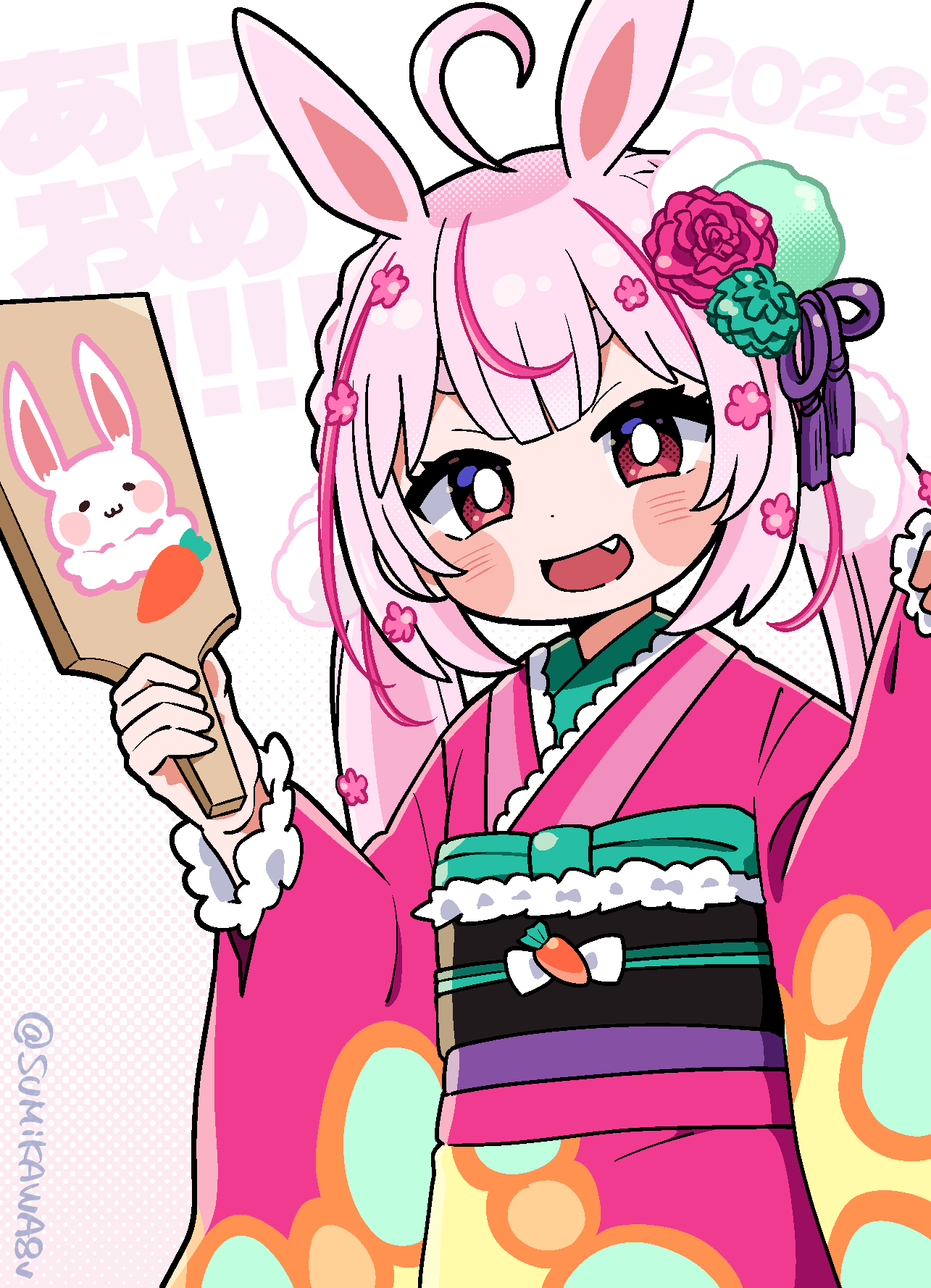 1girl 2023 ahoge akeome alternate_costume animal_ears blush bright_pupils cowboy_shot fang flower fur-trimmed_kimono fur_trim furisode green_flower hagoita hair_flower hair_ornament halftone halftone_background hands_up happy_new_year highres hikimayu holding holding_paddle indie_virtual_youtuber japanese_clothes kanzashi kimono long_hair looking_at_viewer obi obiage obijime open_mouth paddle pinching_sleeves pink_flower pink_kimono pom_pom_(clothes) pom_pom_hair_ornament rabbit_ears rabbit_girl red_eyes red_flower sash smile solo standing sumikawa_(sumikawa8v) tomari_mari twintails twitter_username virtual_youtuber w_arms white_background white_pupils wide_sleeves
