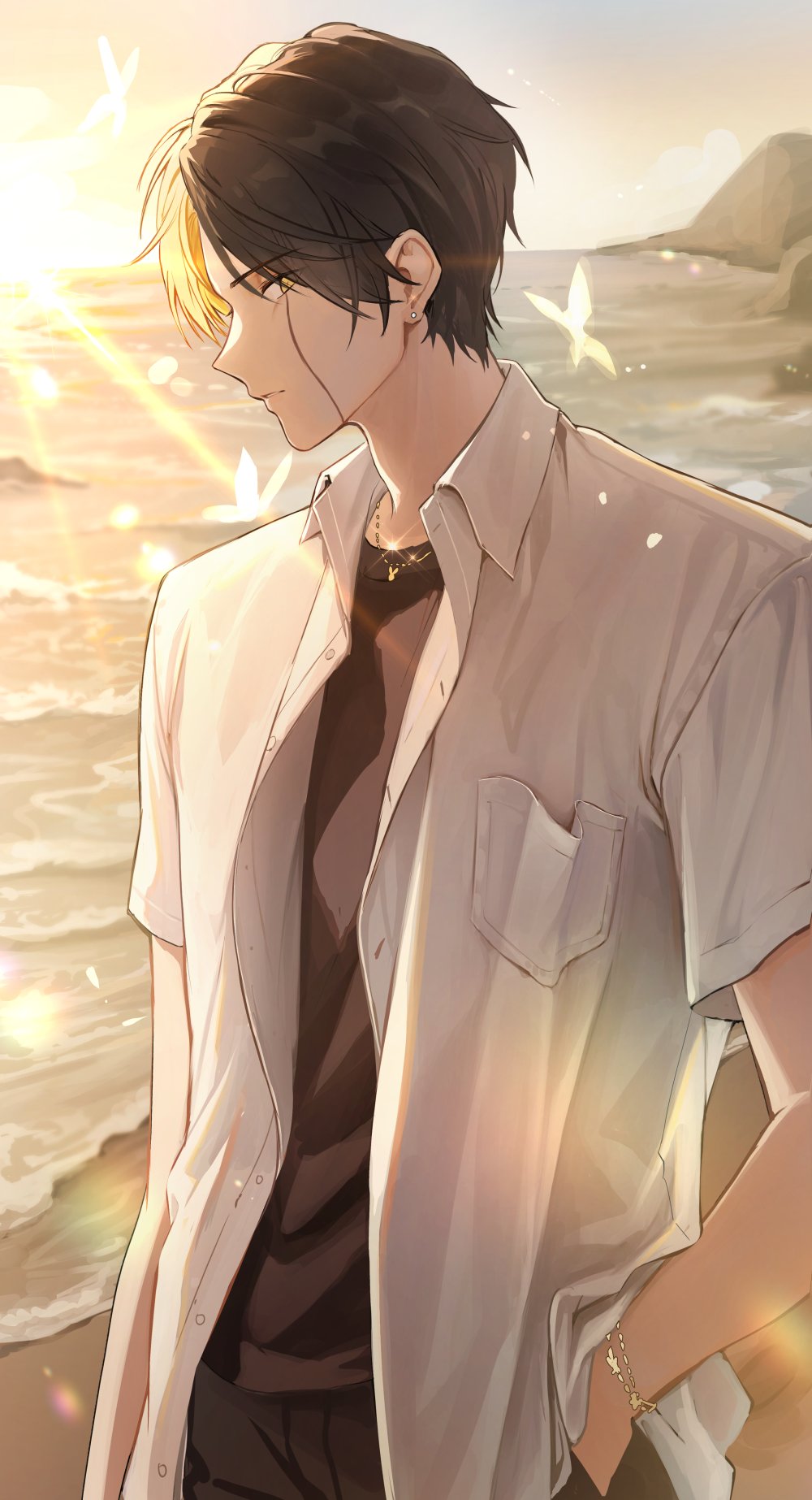 1boy beach black_hair blonde_hair bug butterfly closed_mouth collared_shirt facial_mark glowing_butterfly hand_in_pocket highres mashle multicolored_hair open_clothes open_shirt outdoors pocket rayne_ames rorol7865 shirt short_hair split-color_hair sun water white_shirt yellow_eyes