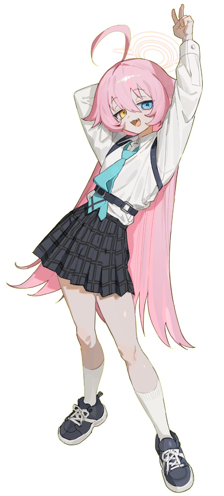 1girl ahoge arm_up blue_archive blue_eyes blue_necktie fang flat_chest frost_fog full_body hair_between_eyes halo heterochromia highres hoshino_(blue_archive) long_hair looking_at_viewer necktie open_mouth pink_hair shirt shoes simple_background skirt smile sneakers solo v very_long_hair white_background white_shirt yellow_eyes