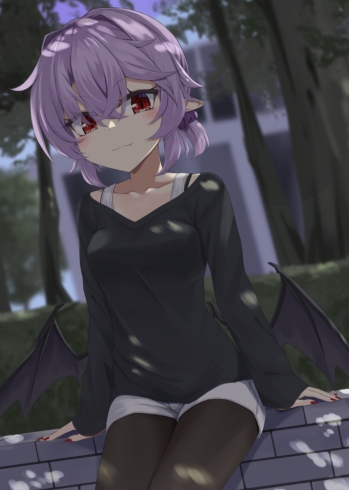 1girl :3 akisome_hatsuka bat_wings black_sweater crossed_bangs outdoors pantyhose pointy_ears purple_hair red_eyes red_nails remilia_scarlet scrunchie shirt sleeves_past_wrists slit_pupils solo sweater touhou white_shirt wings