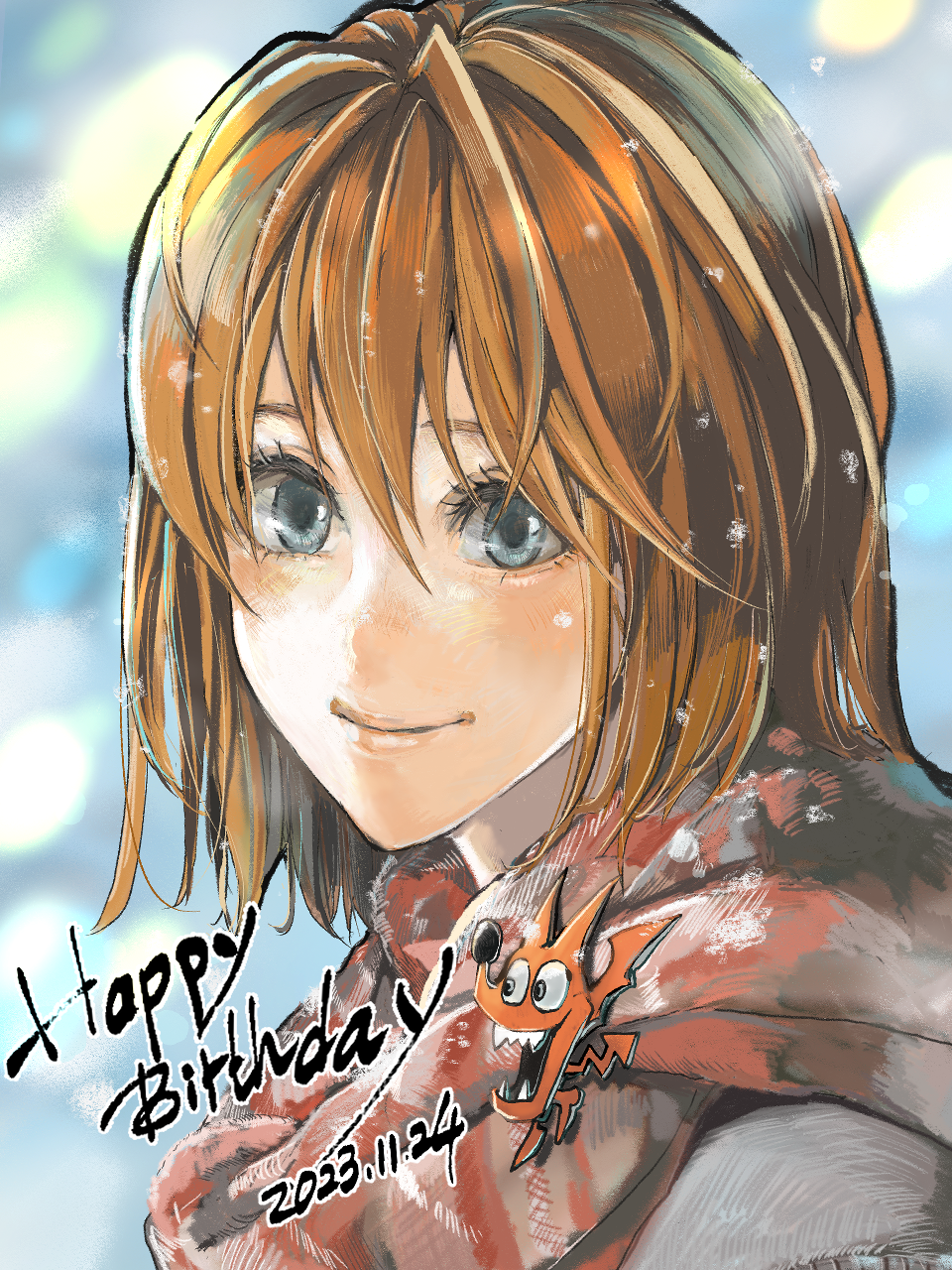 1girl anezaki_mamori badge blue_eyes blush brown_hair button_badge closed_mouth dated eyeshield_21 hair_between_eyes happy_birthday highres looking_at_viewer portrait red_scarf scarf short_hair smile snowing solo ueda-pix